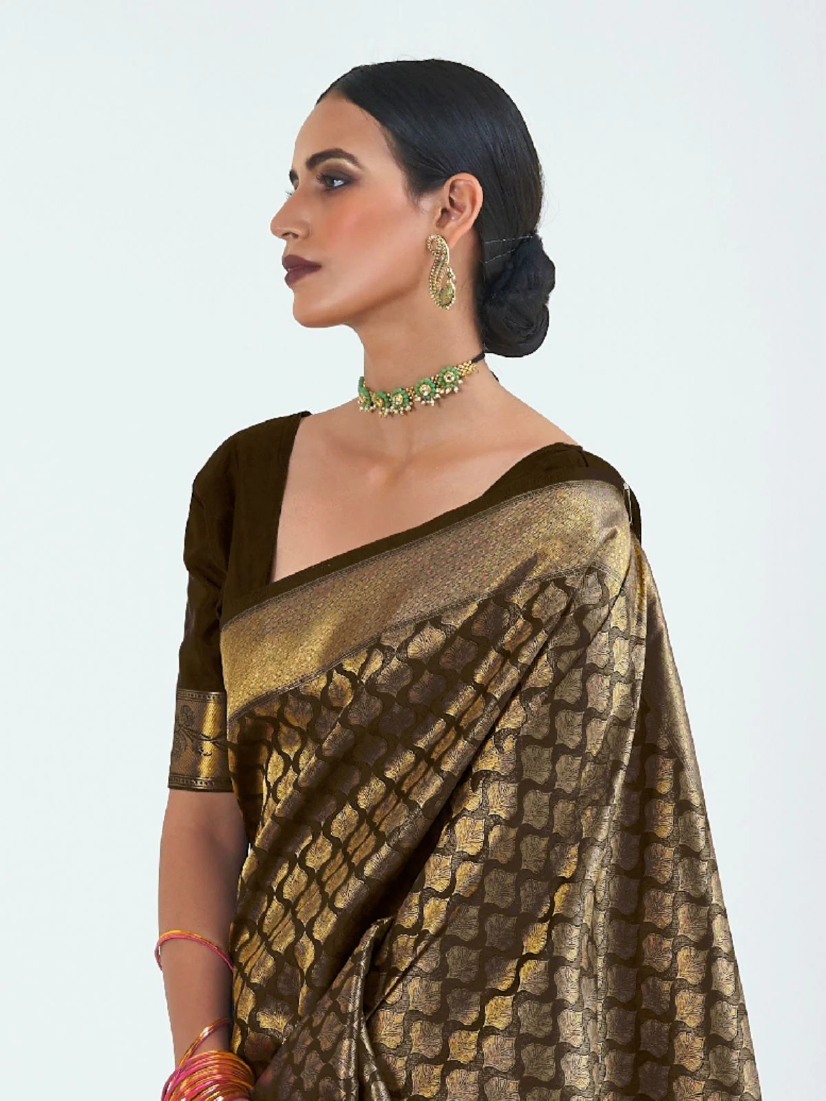 Odette Olive Silk Blend Woven Saree With Unstitched Blouse For Women - Image 2