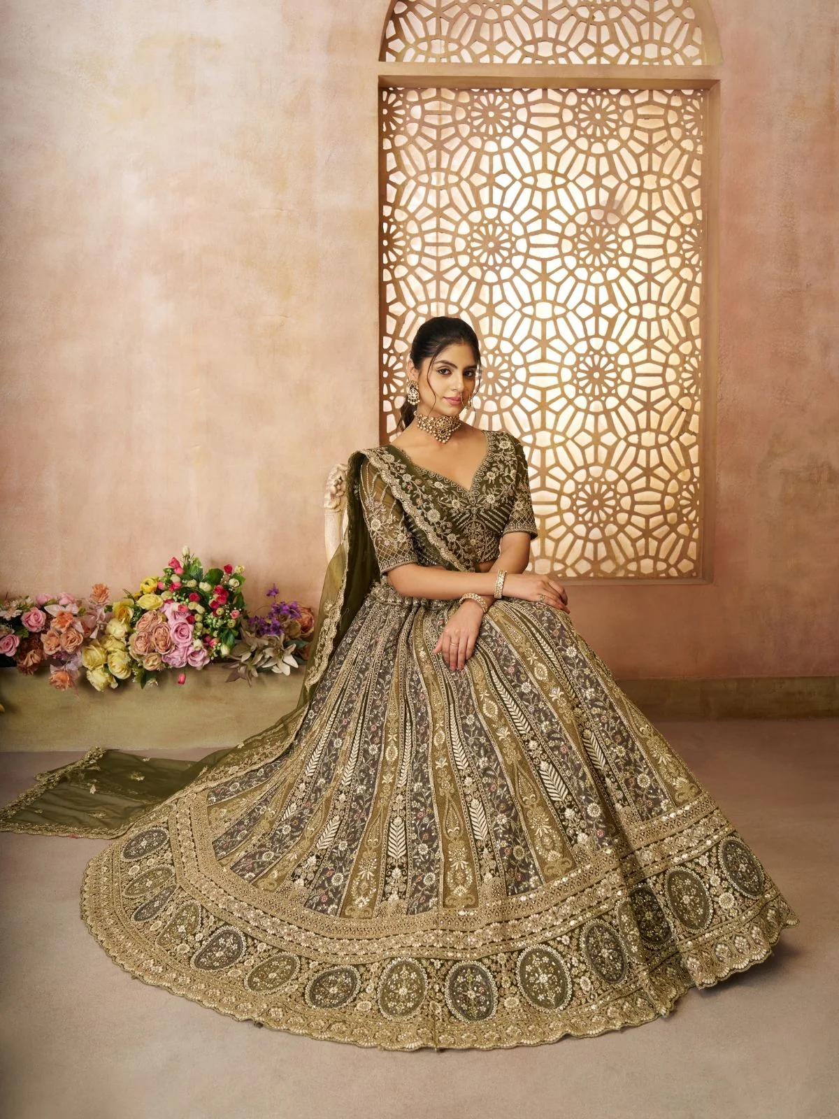 Odette Olive Soft Net Embroidered Semi-Stitched Lehenga For Women - Image 2