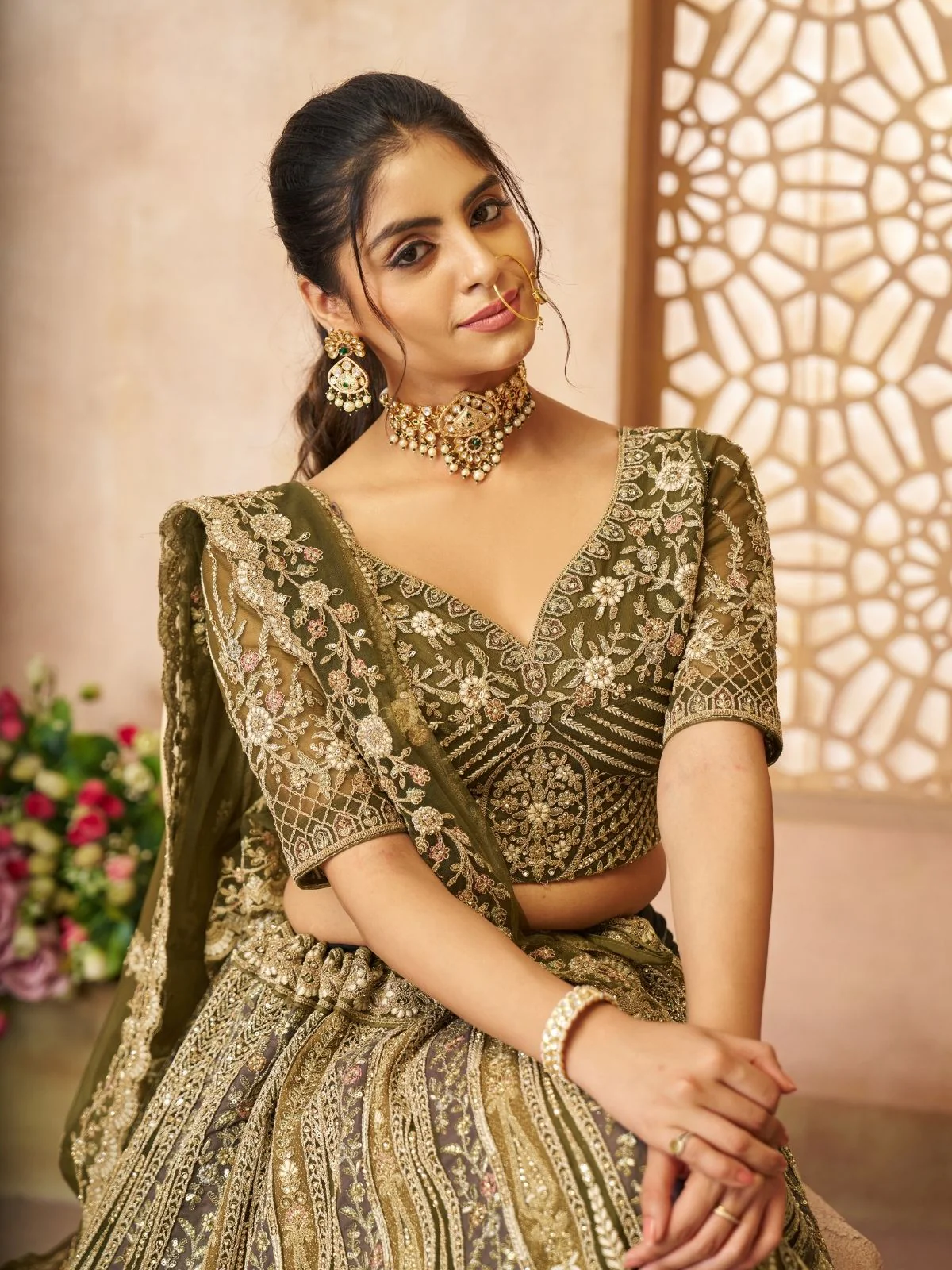Odette Olive Soft Net Embroidered Semi-Stitched Lehenga For Women - Image 3