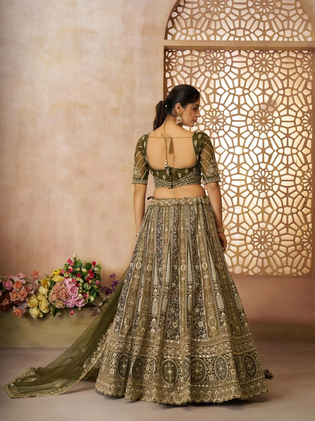 Odette Olive Soft Net Embroidered Semi-Stitched Lehenga For Women - Image 4