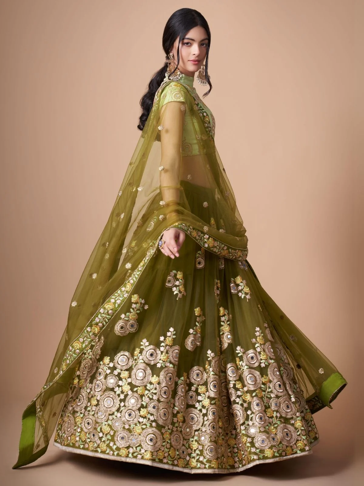 Odette Olive Soft Net Embroidered Semi Stitched Lehenga With Blouse For Women - Image 3