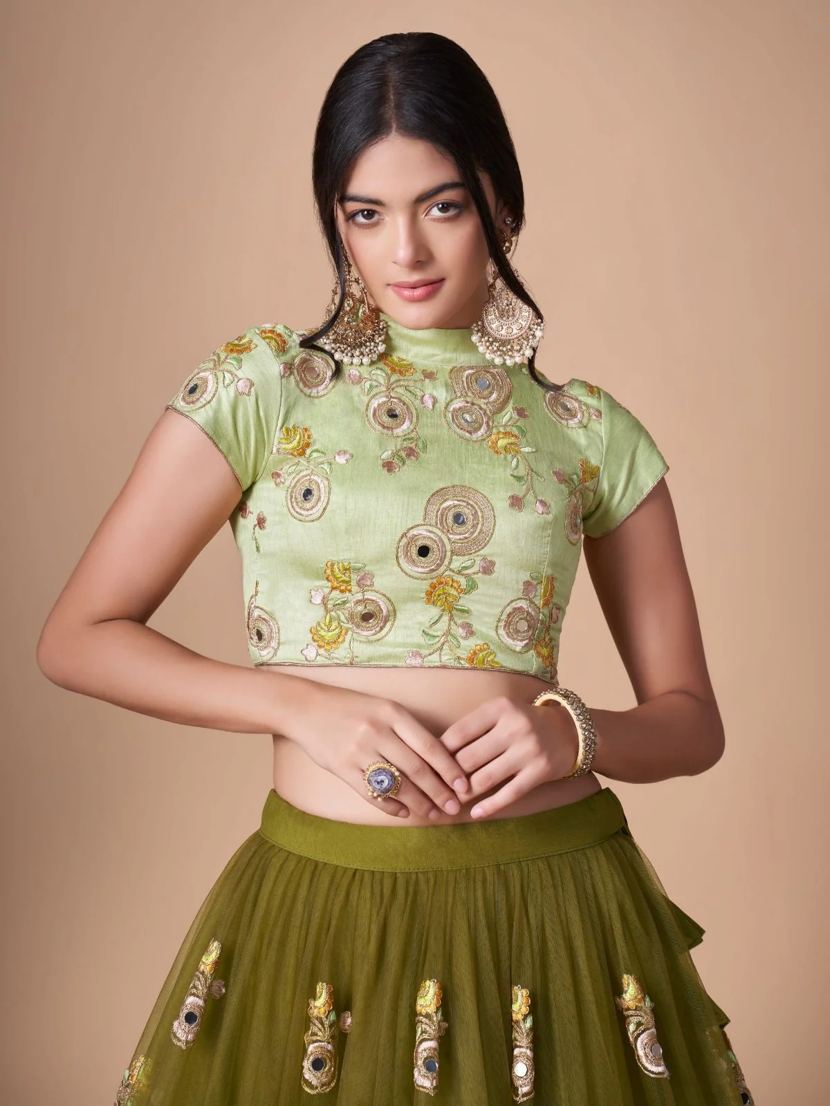 Odette Olive Soft Net Embroidered Semi Stitched Lehenga With Blouse For Women - Image 6