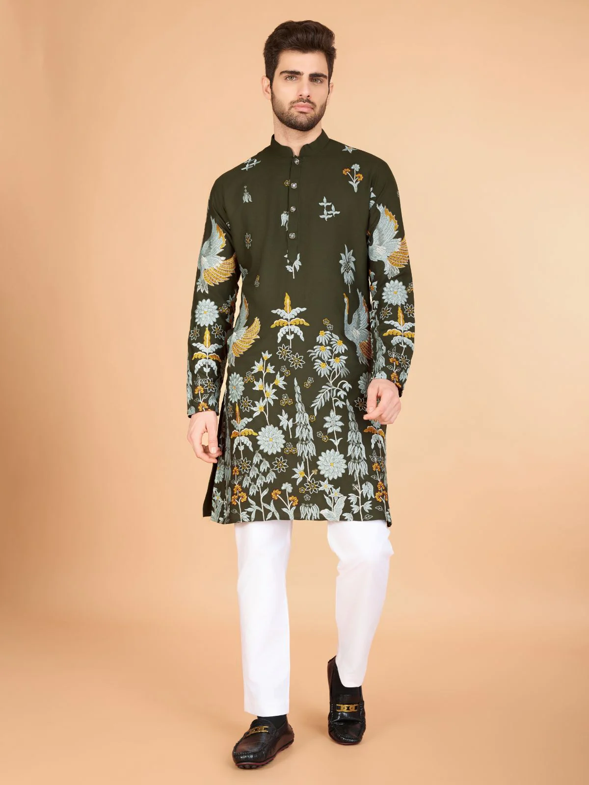 Odette Olive Viscose Rayon Stitched Kurta For Men - Image 2