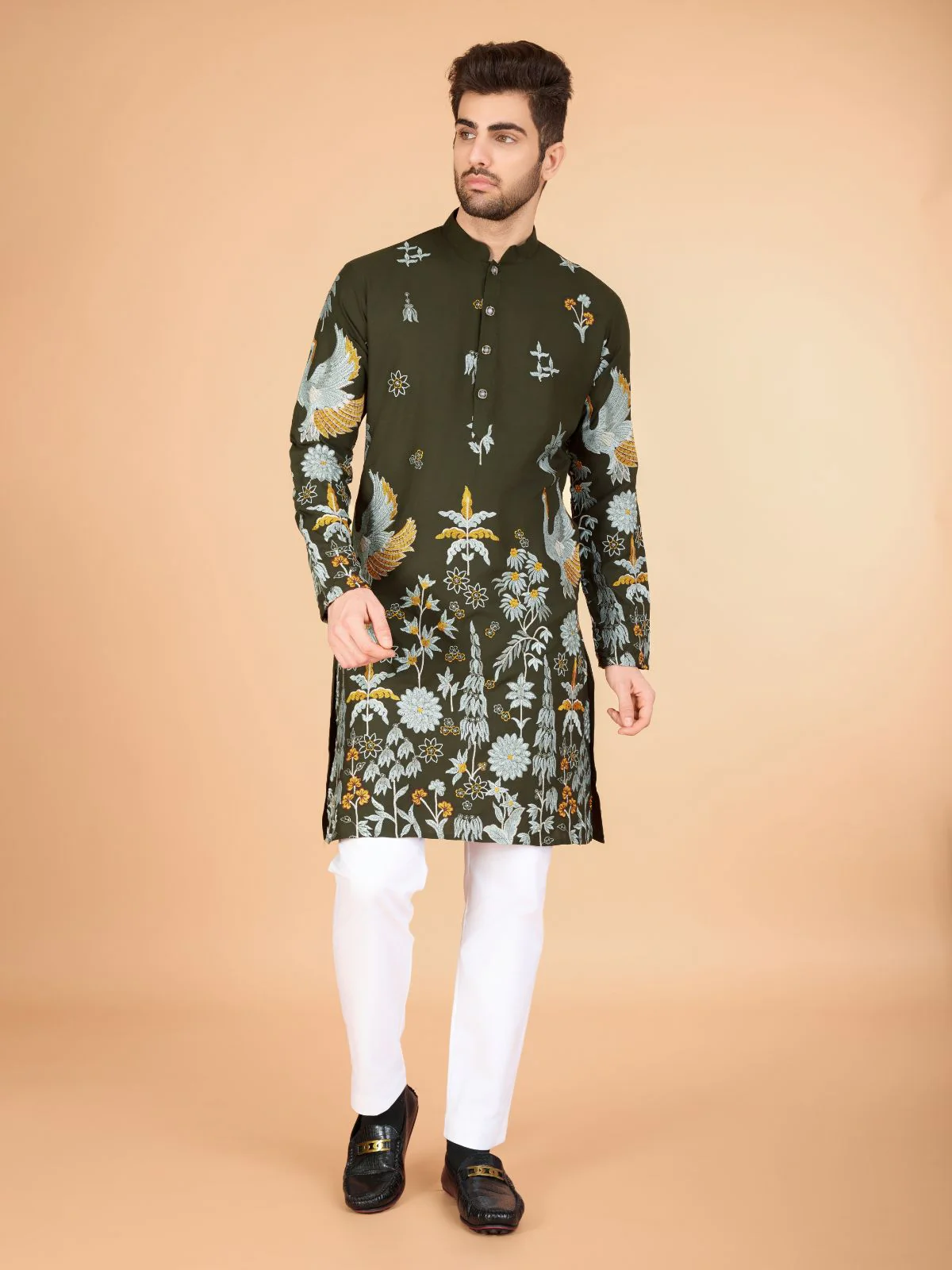 Odette Olive Viscose Rayon Stitched Kurta For Men - Image 3