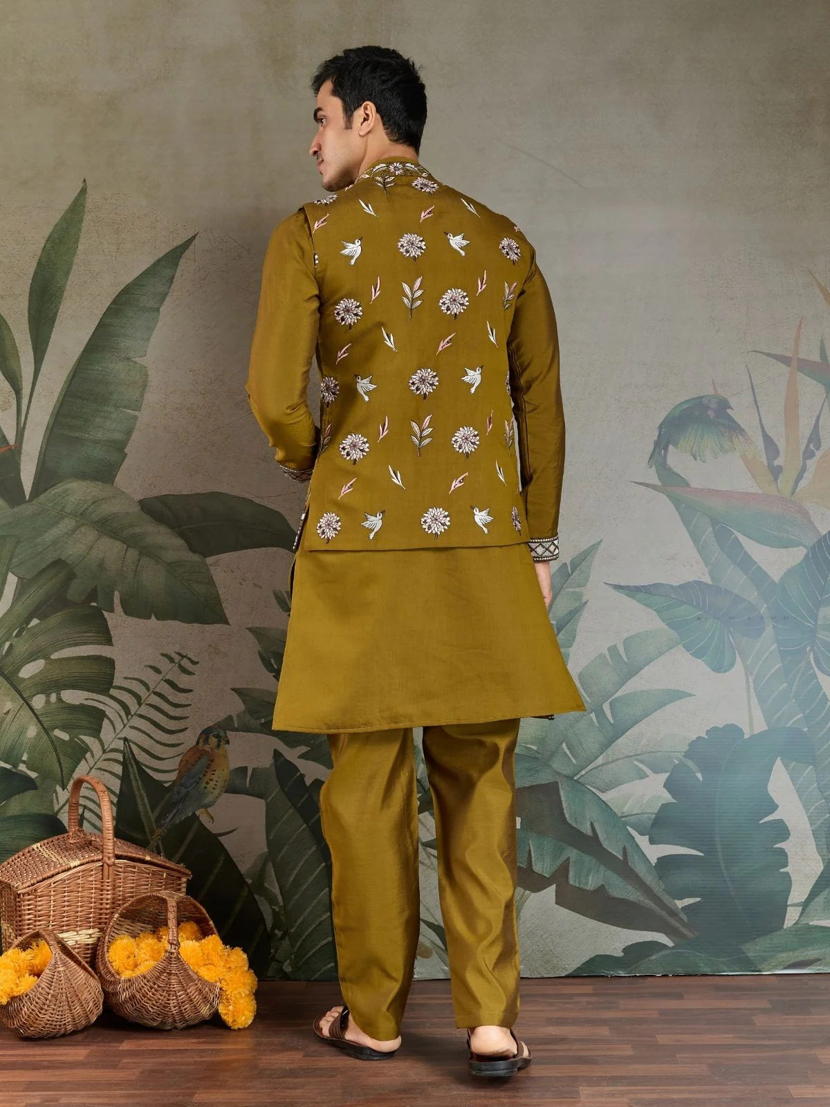 Odette Olive Viscose Silk Embroidered Stitched Kurta Set For Men - Image 4