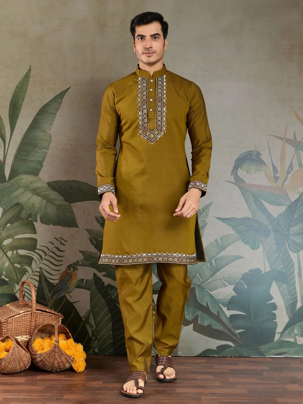 Odette Olive Viscose Silk Embroidered Stitched Kurta Set For Men - Image 5