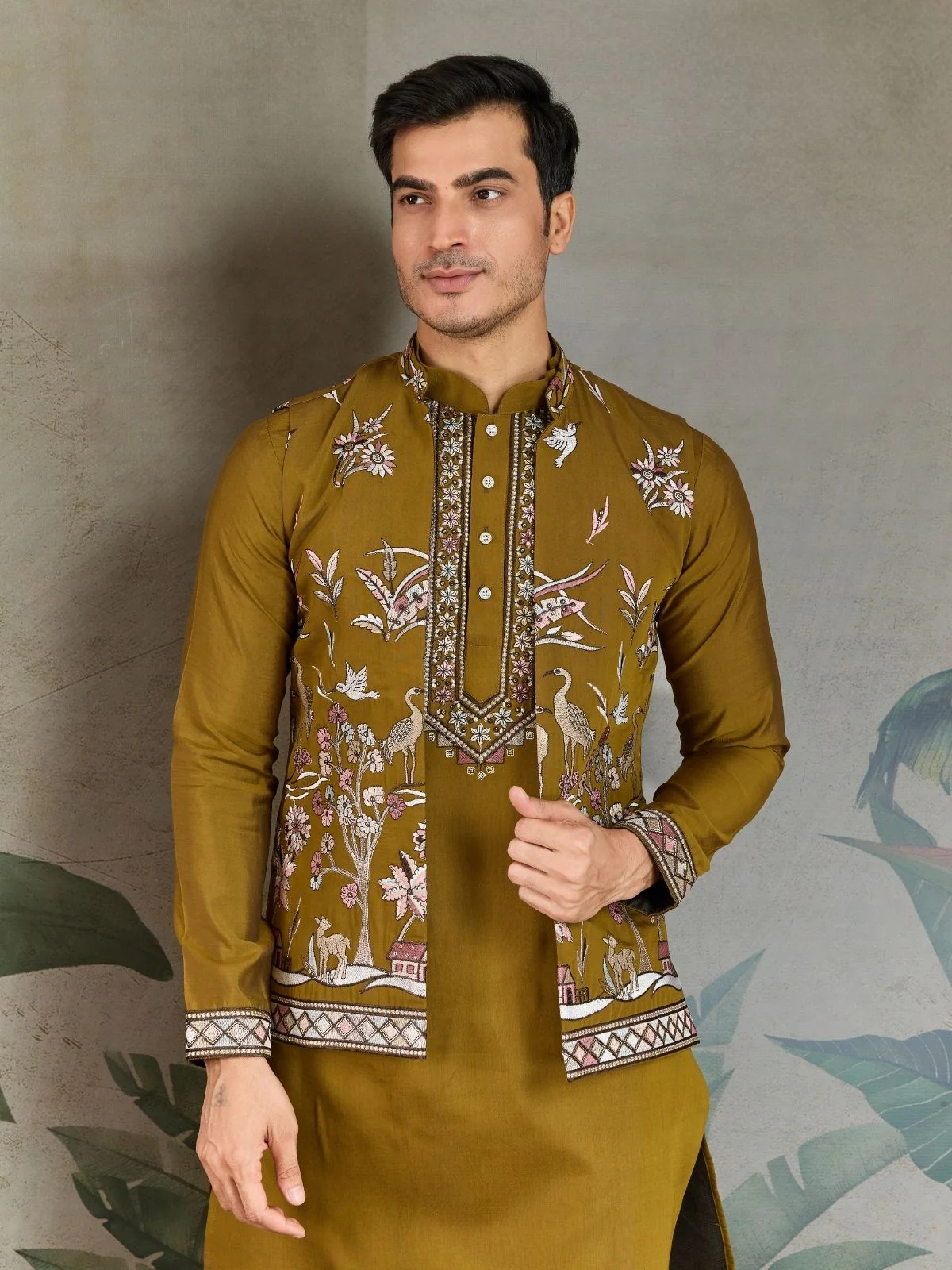 Odette Olive Viscose Silk Embroidered Stitched Kurta Set For Men - Image 6