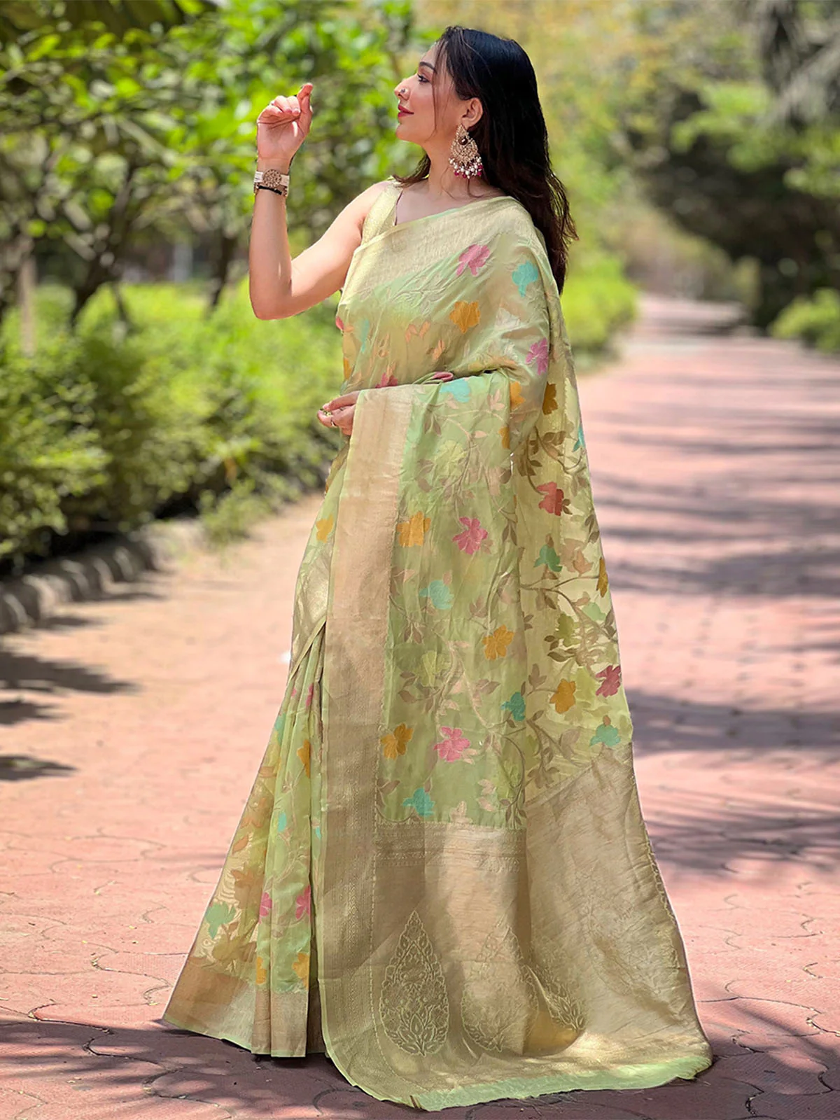 Odette Olive Woven Design Organza Saree With Unstitched Blouse For Women - Image 2