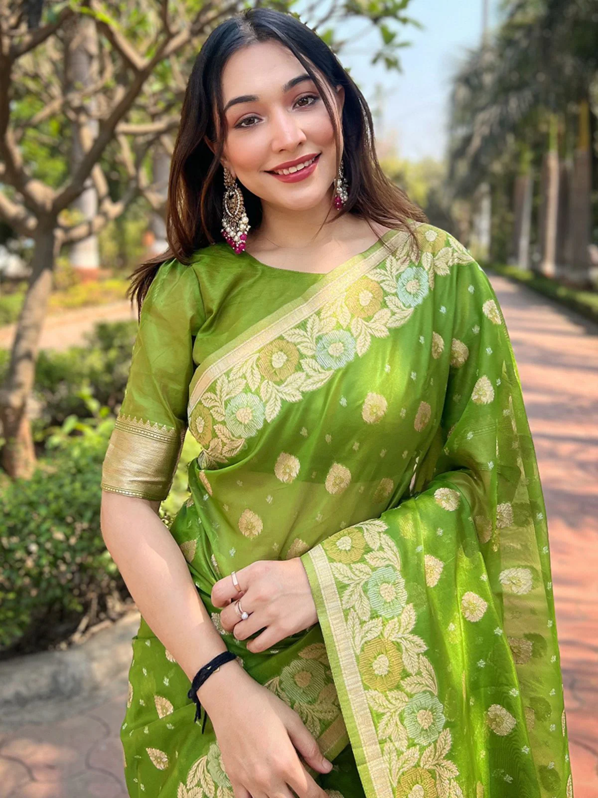 Odette Olive Woven Design Organza Saree With Unstitched Blouse For Women - Image 3