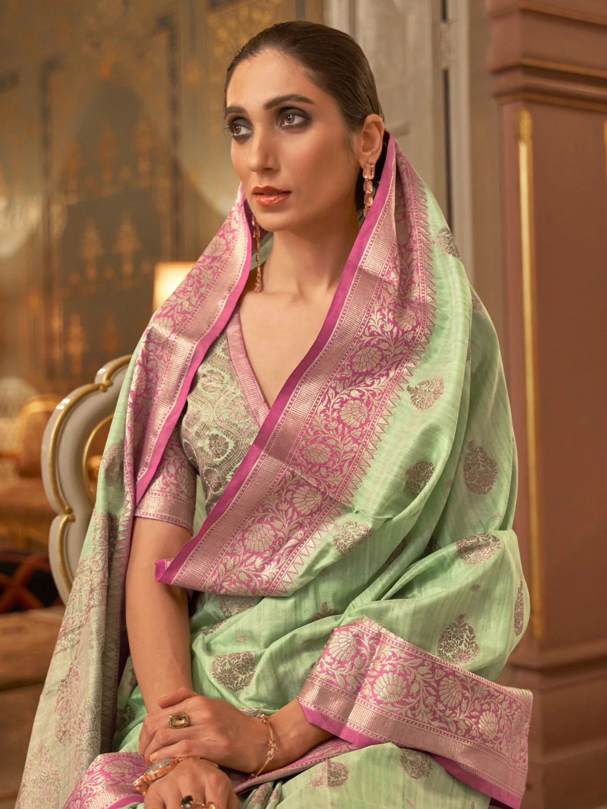 Odette Light Green Woven Design Silk Blend Saree With Unstitched Blouse For Women - Image 2