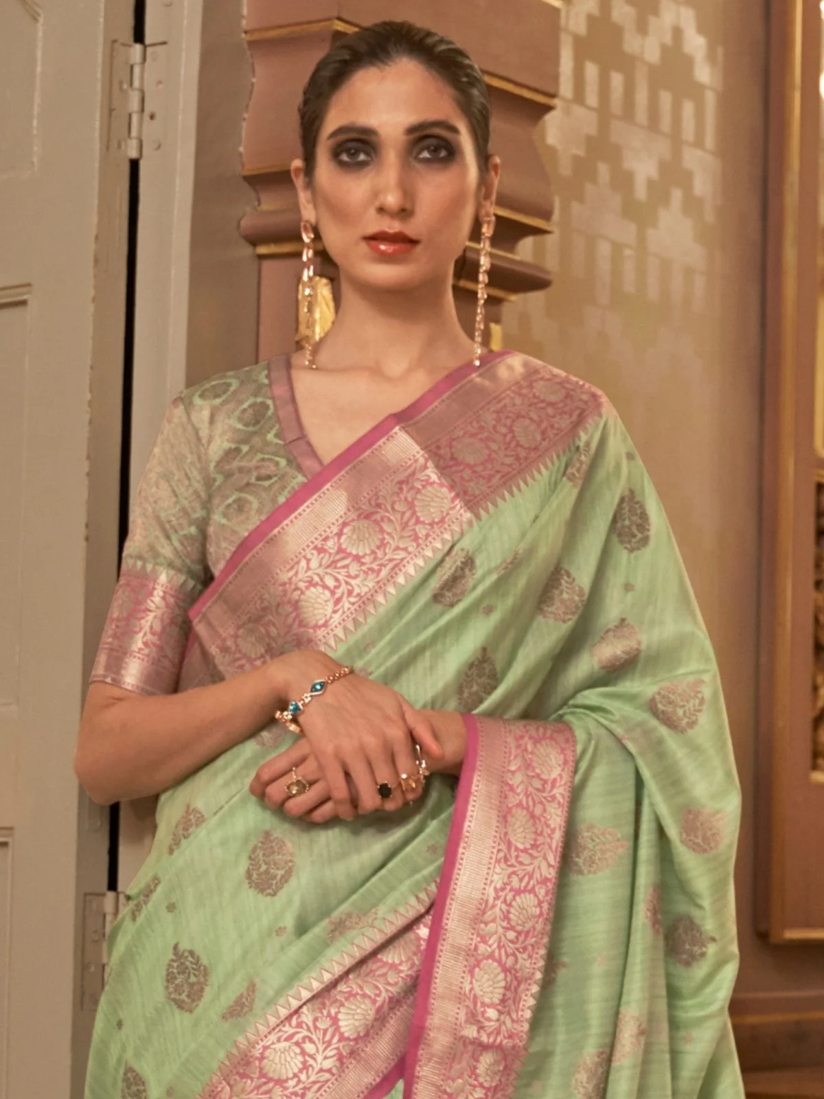 Odette Light Green Woven Design Silk Blend Saree With Unstitched Blouse For Women - Image 3