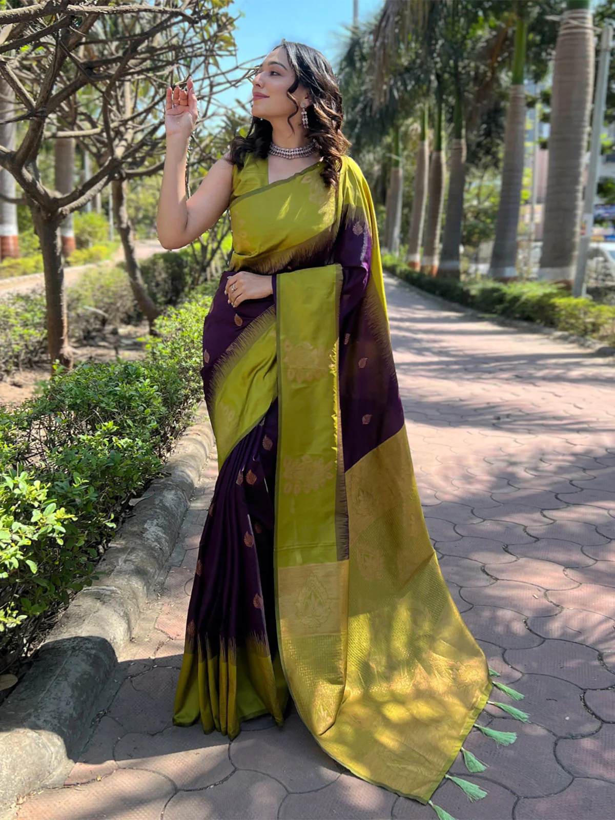 Odette Olive Woven Design Soft Silk Saree With Unstitched Blouse For Women