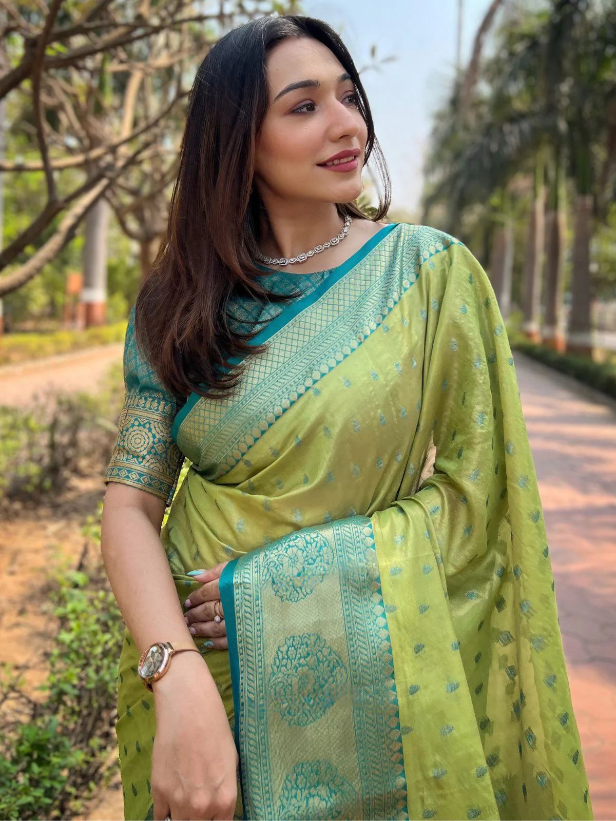 Odette Olive Woven Design Tissue Silk Saree With Unstitched Blouse For Women - Image 3