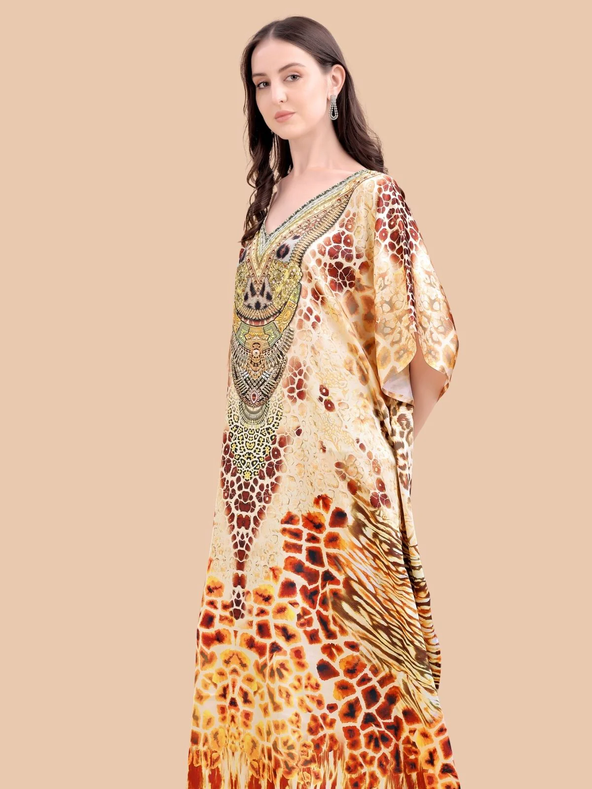 Odette Orange And Brown Satin Printed Kaftan For Women - Image 4