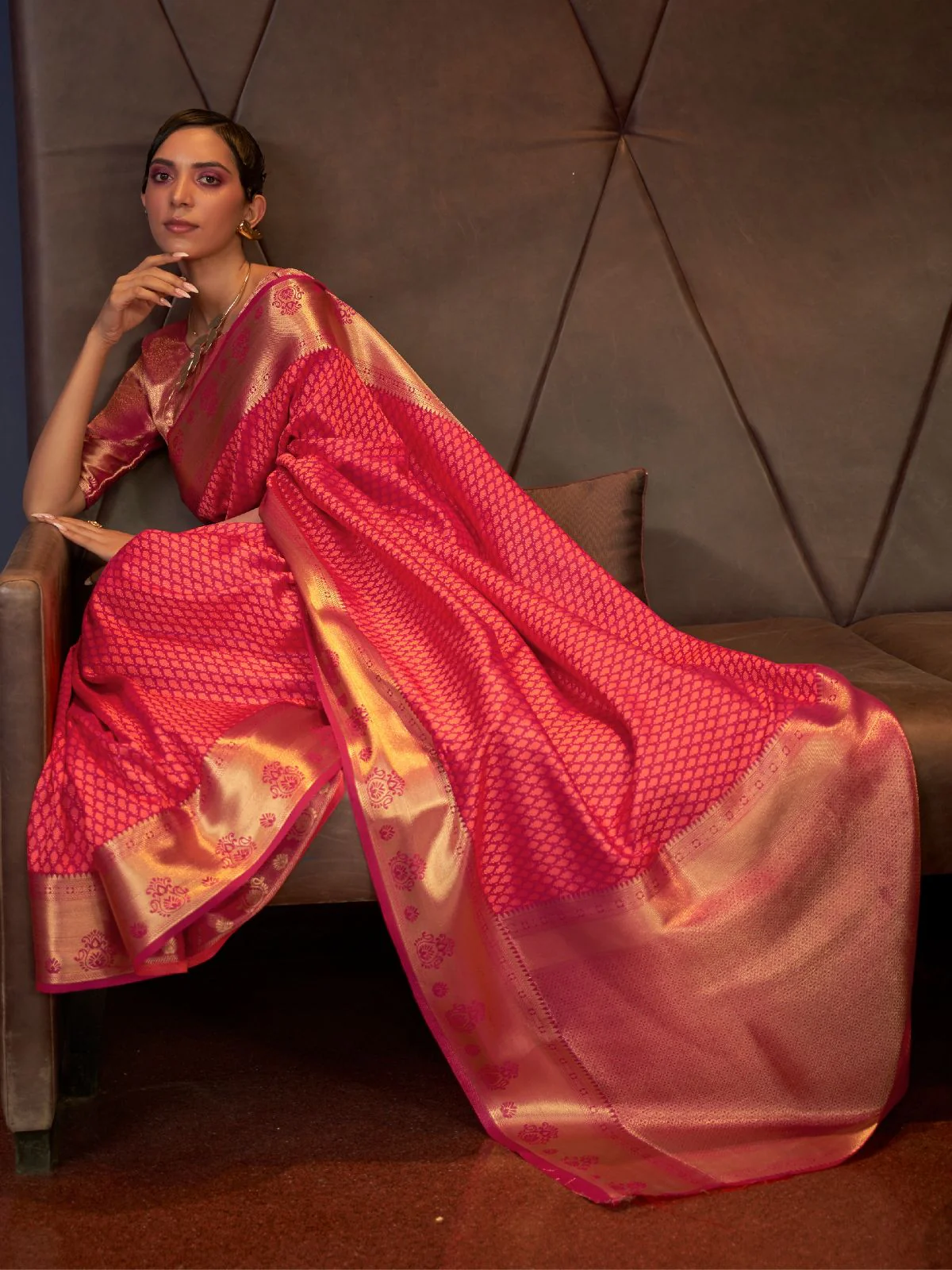 Odette Orange And Pink Woven Design Silk Blend Saree With Unstitched Blouse For Women - Image 2
