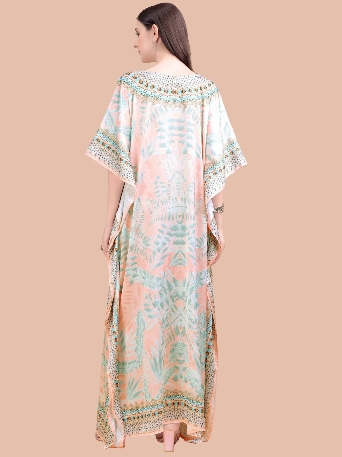 Odette Orange And Light Green Satin Printed Kaftan For Women - Image 3