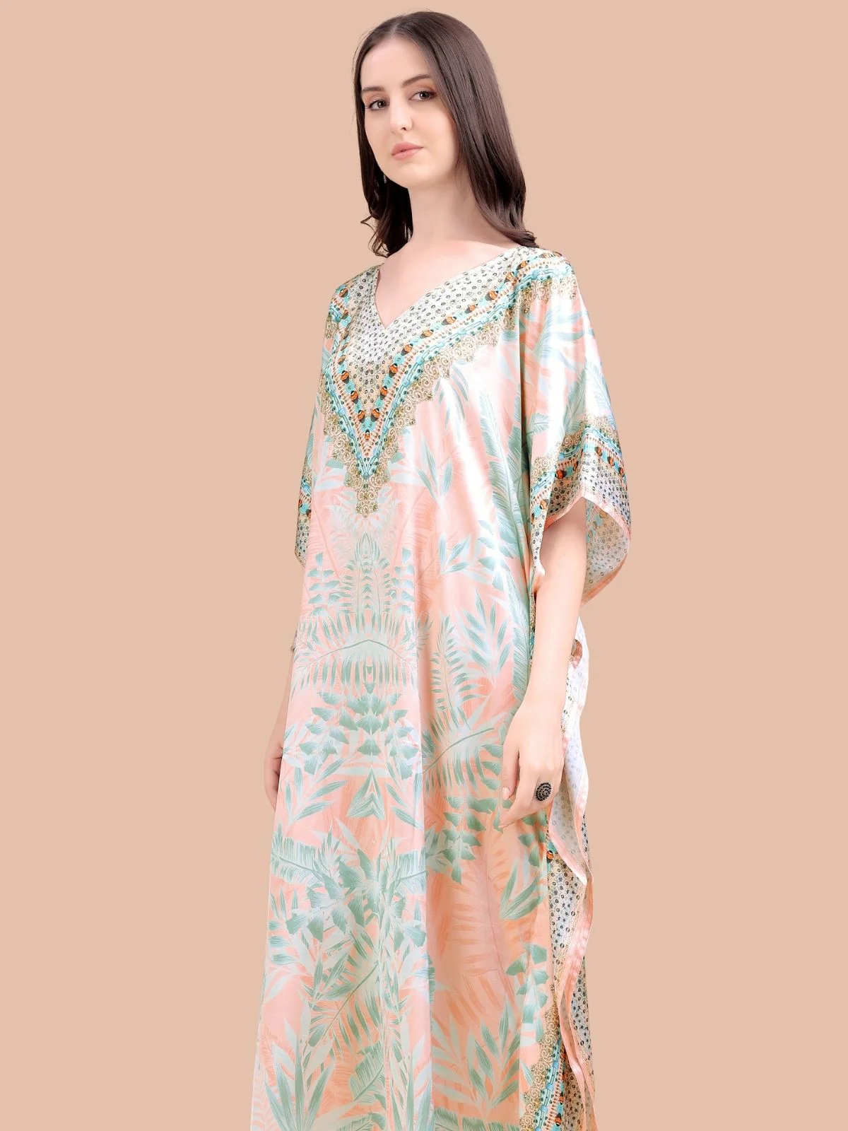 Odette Orange And Light Green Satin Printed Kaftan For Women - Image 4