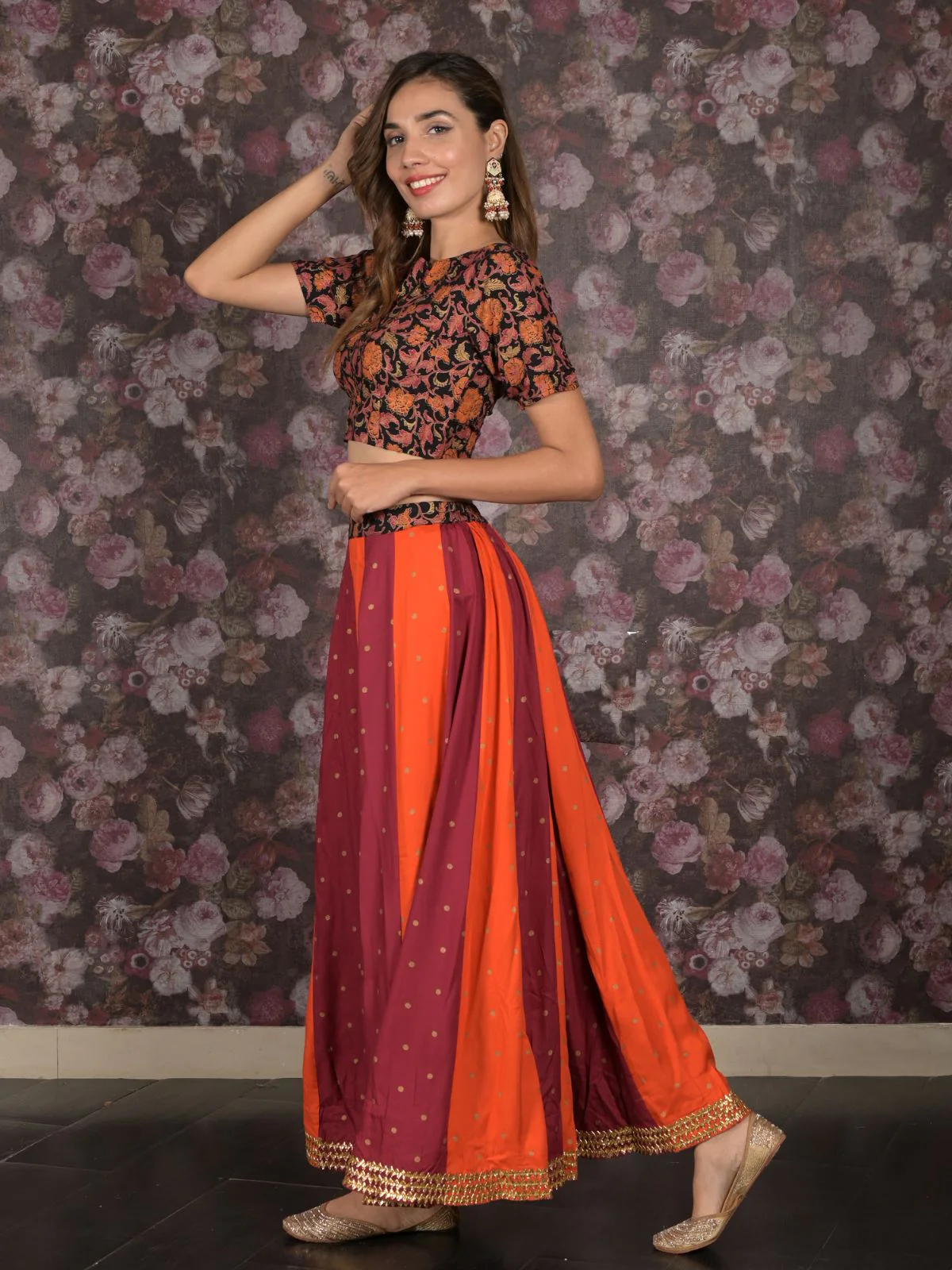 Odette Orange And Purple Stitched Woven Slub Cotton Lehenga with Stitched Blouse For Women - Image 3