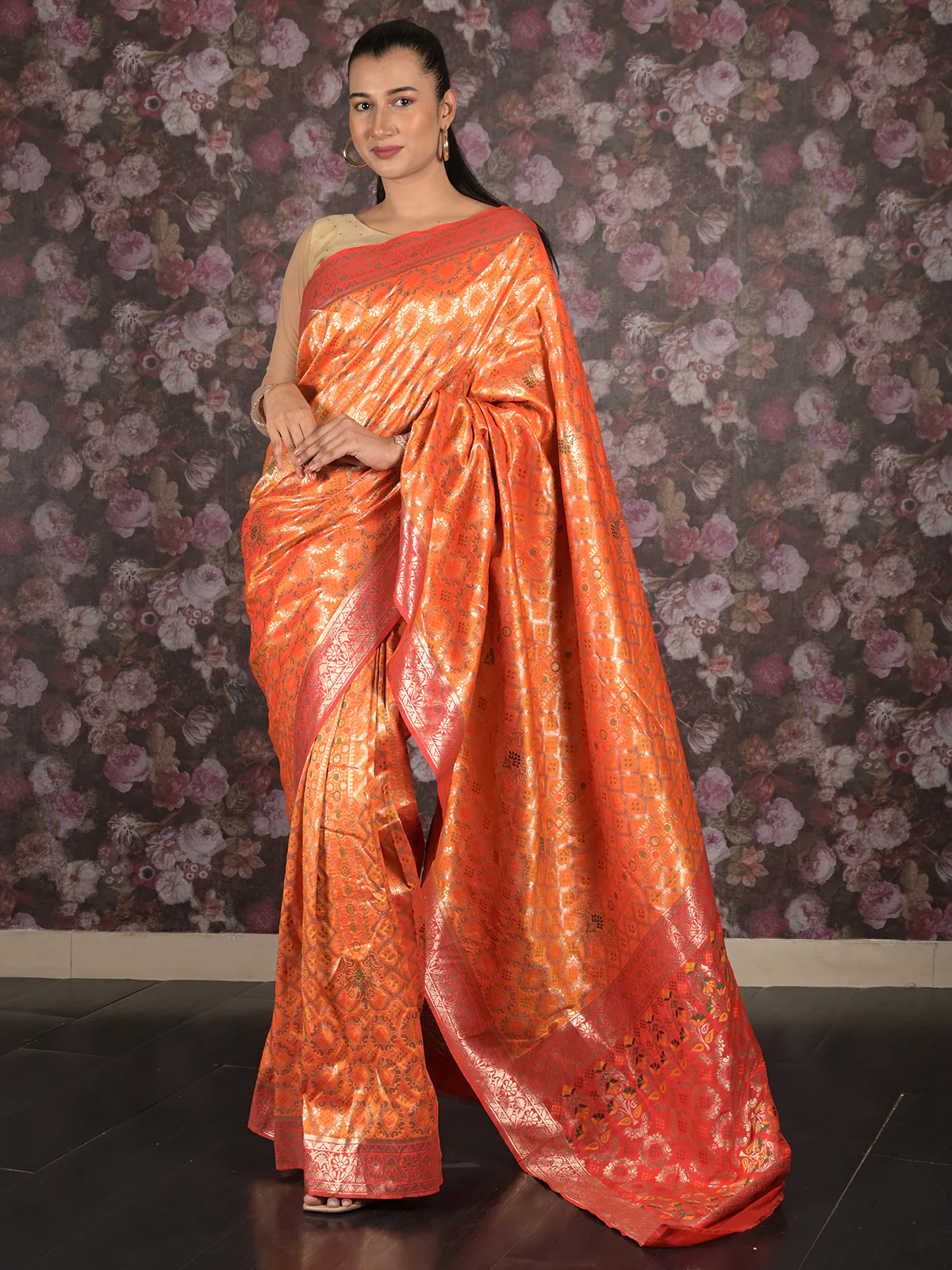 Odette Orange And Red Woven Silk Blend Saree With Unstitched Blouse For Women
