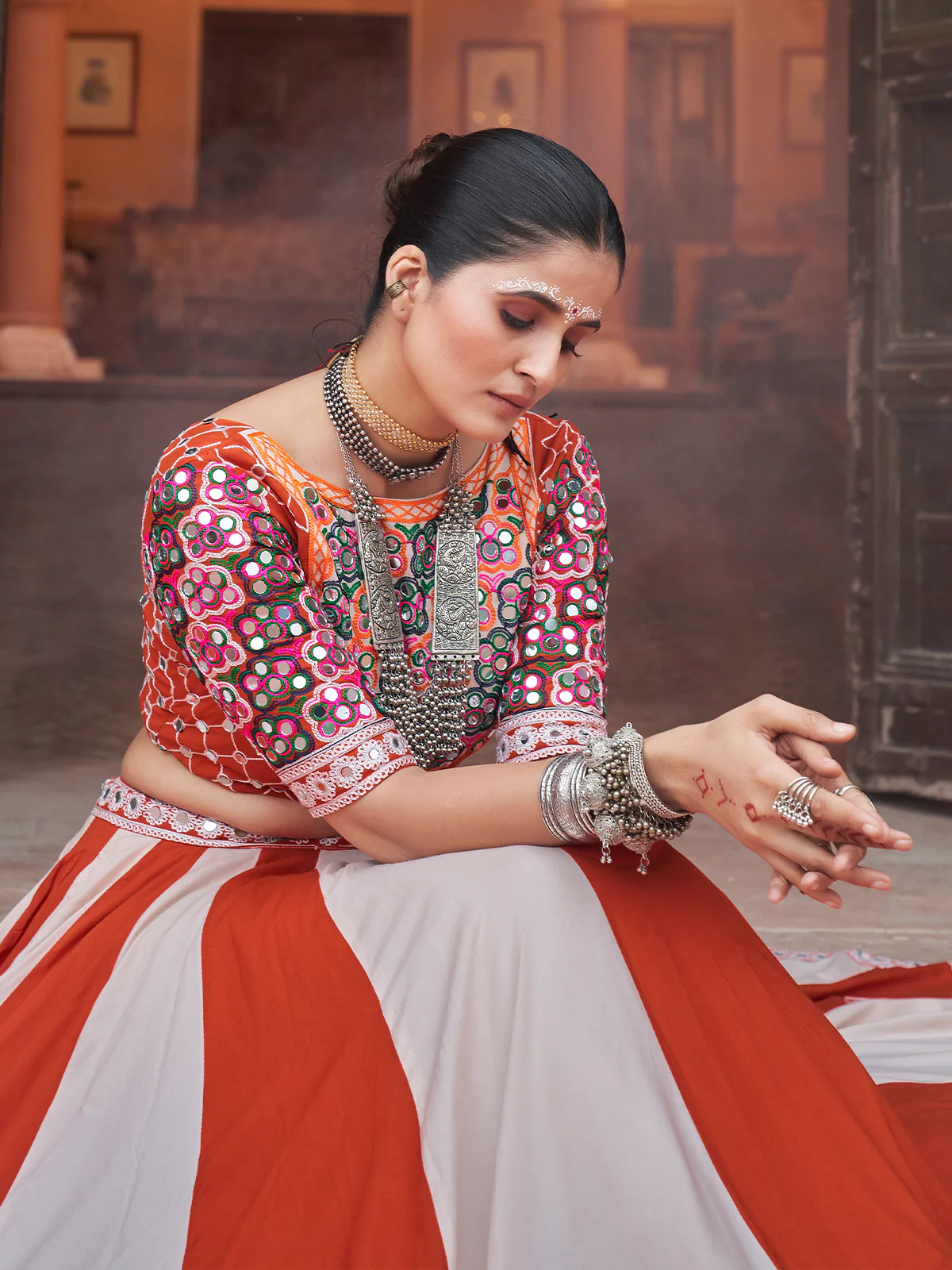 Odette Orange And White Rayon Embroidered Stitched Lehenga With Blouse For Women - Image 4