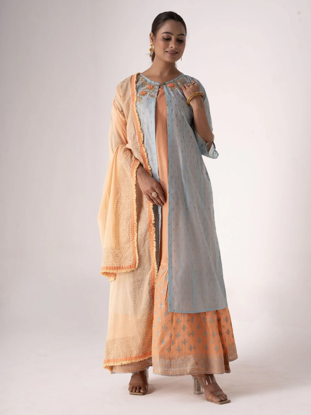 Odette Orange Art Silk Designer Embroidered Semi-Stitched Kurta Set For Women - Image 2