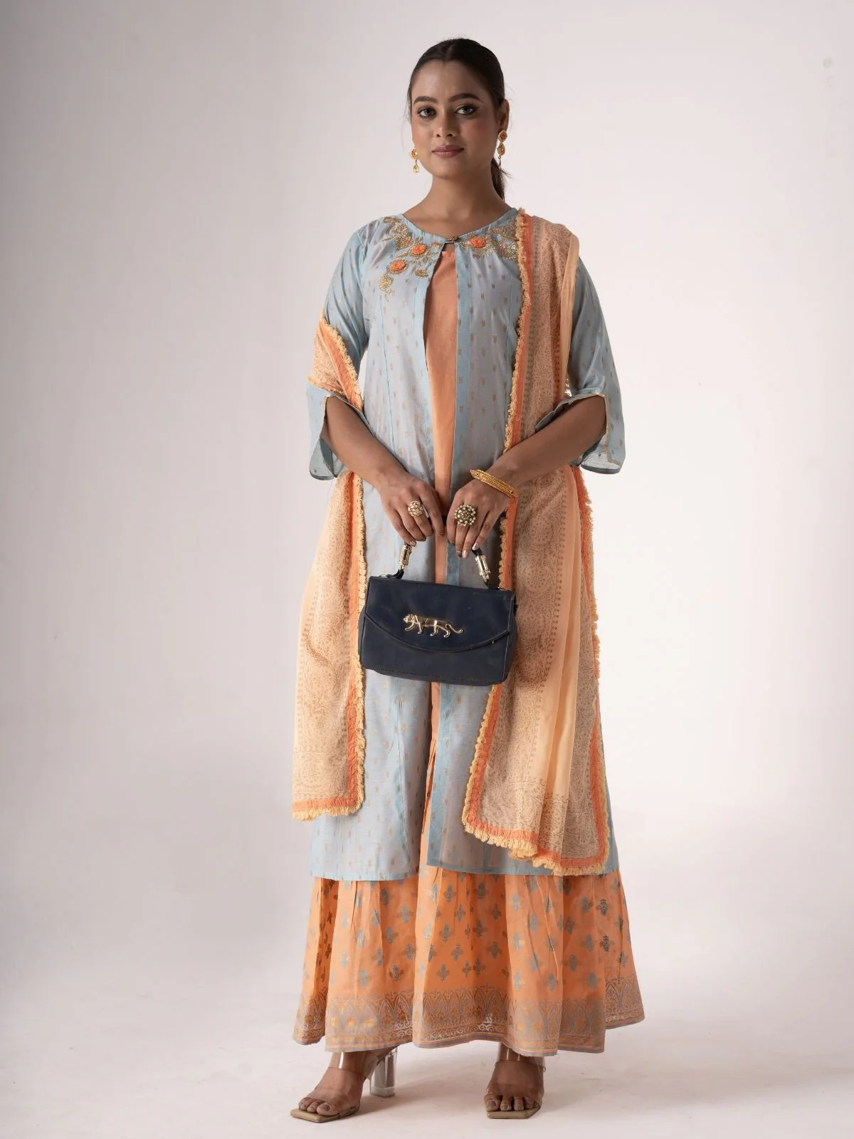 Odette Orange Art Silk Designer Embroidered Semi-Stitched Kurta Set For Women - Image 3