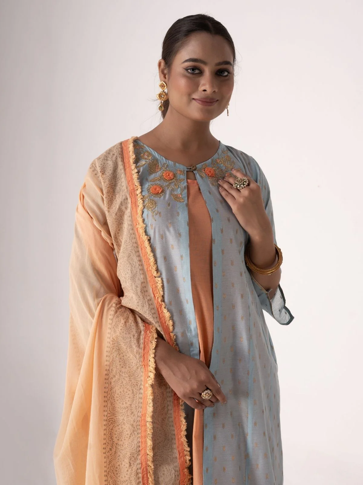 Odette Orange Art Silk Designer Embroidered Semi-Stitched Kurta Set For Women - Image 4