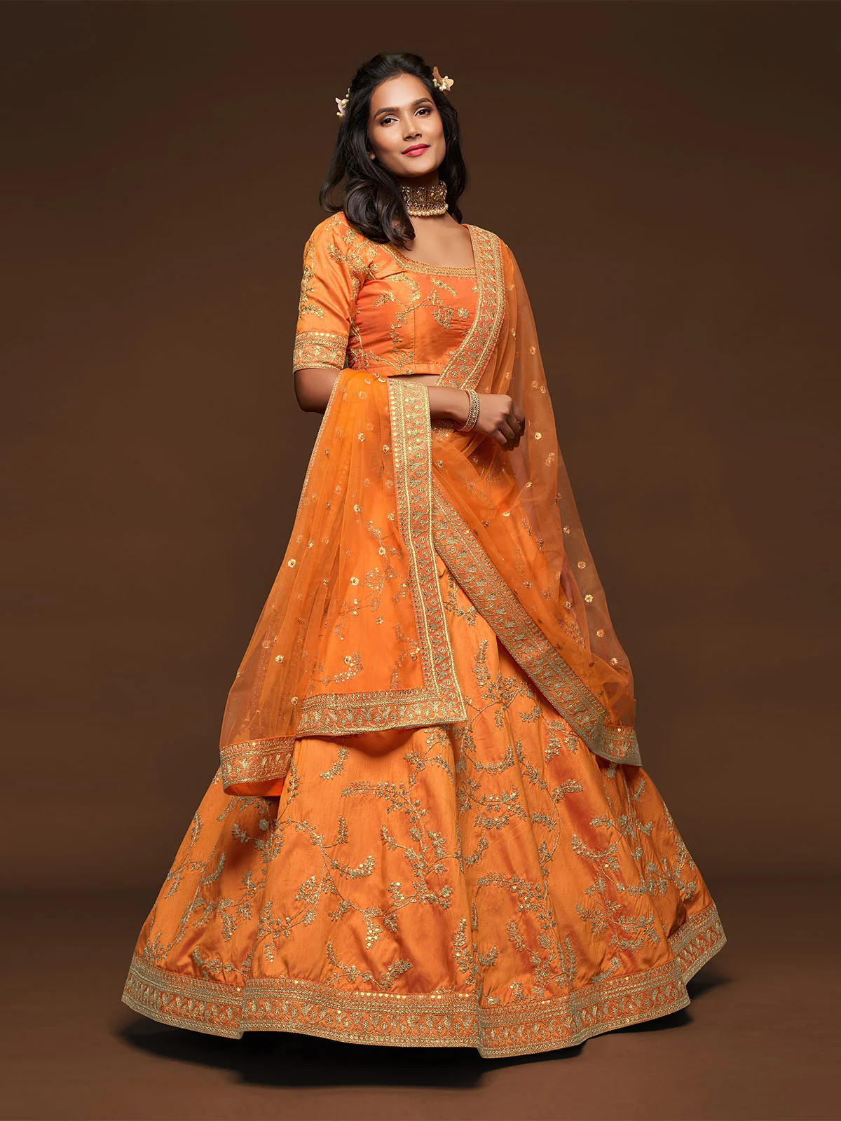 Odette Orange Art Silk Embroidered Semi Stitched Lehenga With Unstitched Blouse For Women - Image 2