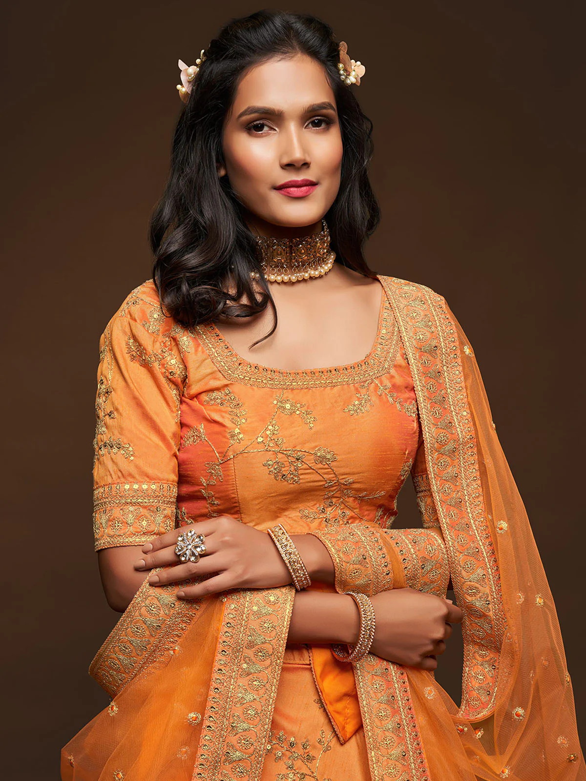 Odette Orange Art Silk Embroidered Semi Stitched Lehenga With Unstitched Blouse For Women - Image 6