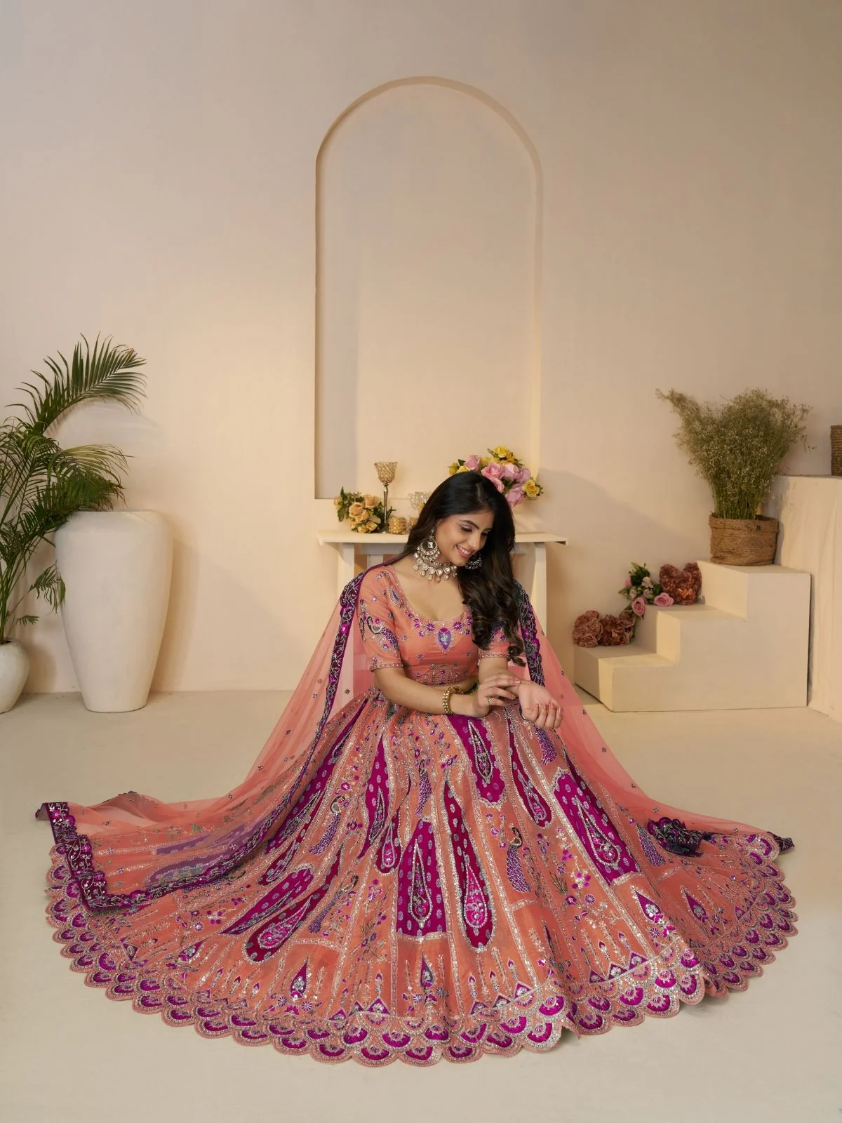 Odette Orange Banarasi Silk Embroidered Semi-Stitched Lehenga For Women - Image 2