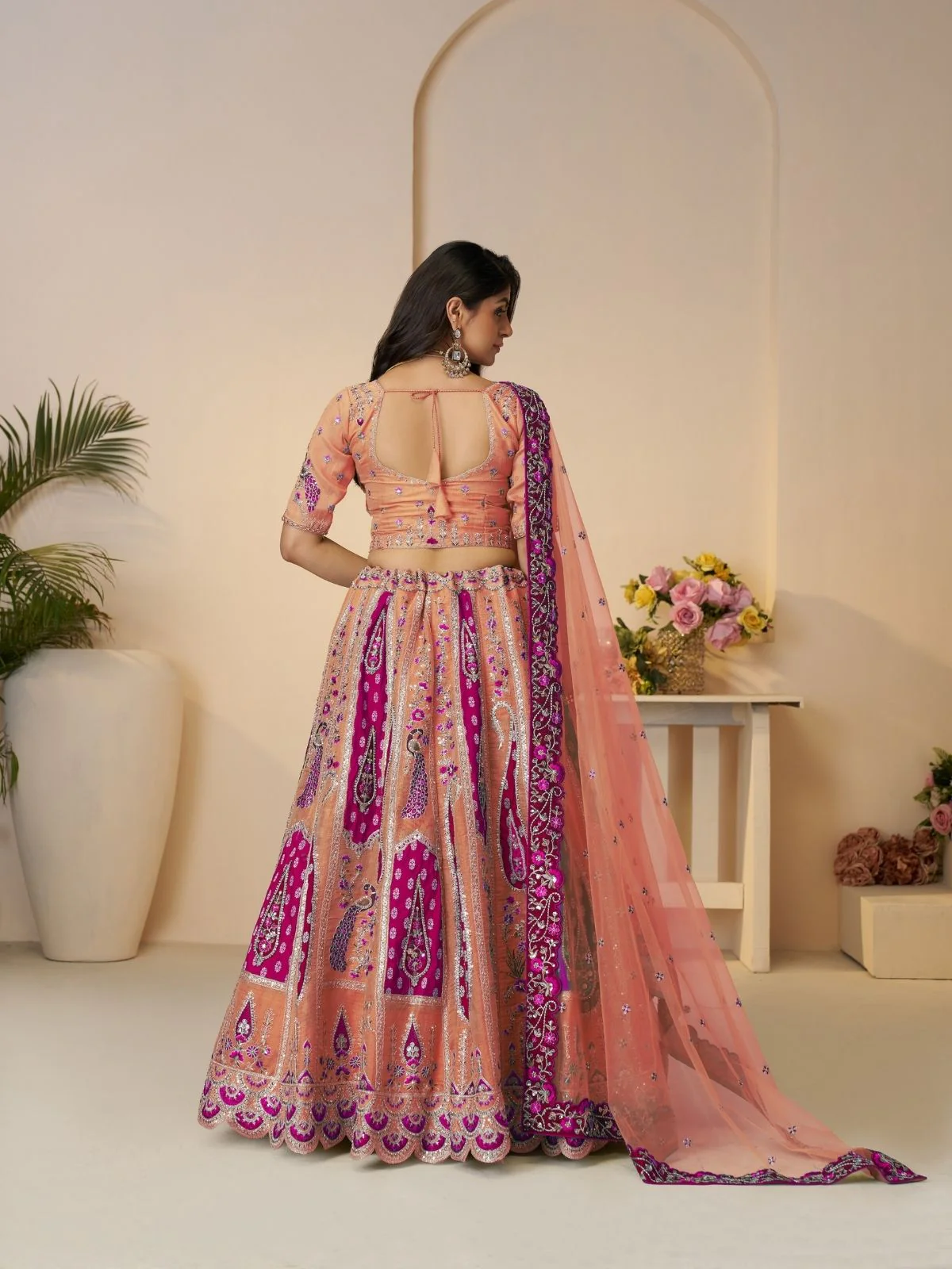 Odette Orange Banarasi Silk Embroidered Semi-Stitched Lehenga For Women - Image 4