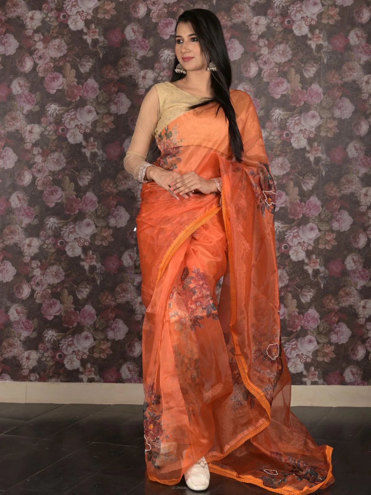 Odette Orange Beads Embroidered Floral Printed Organza Saree for Women - Image 2