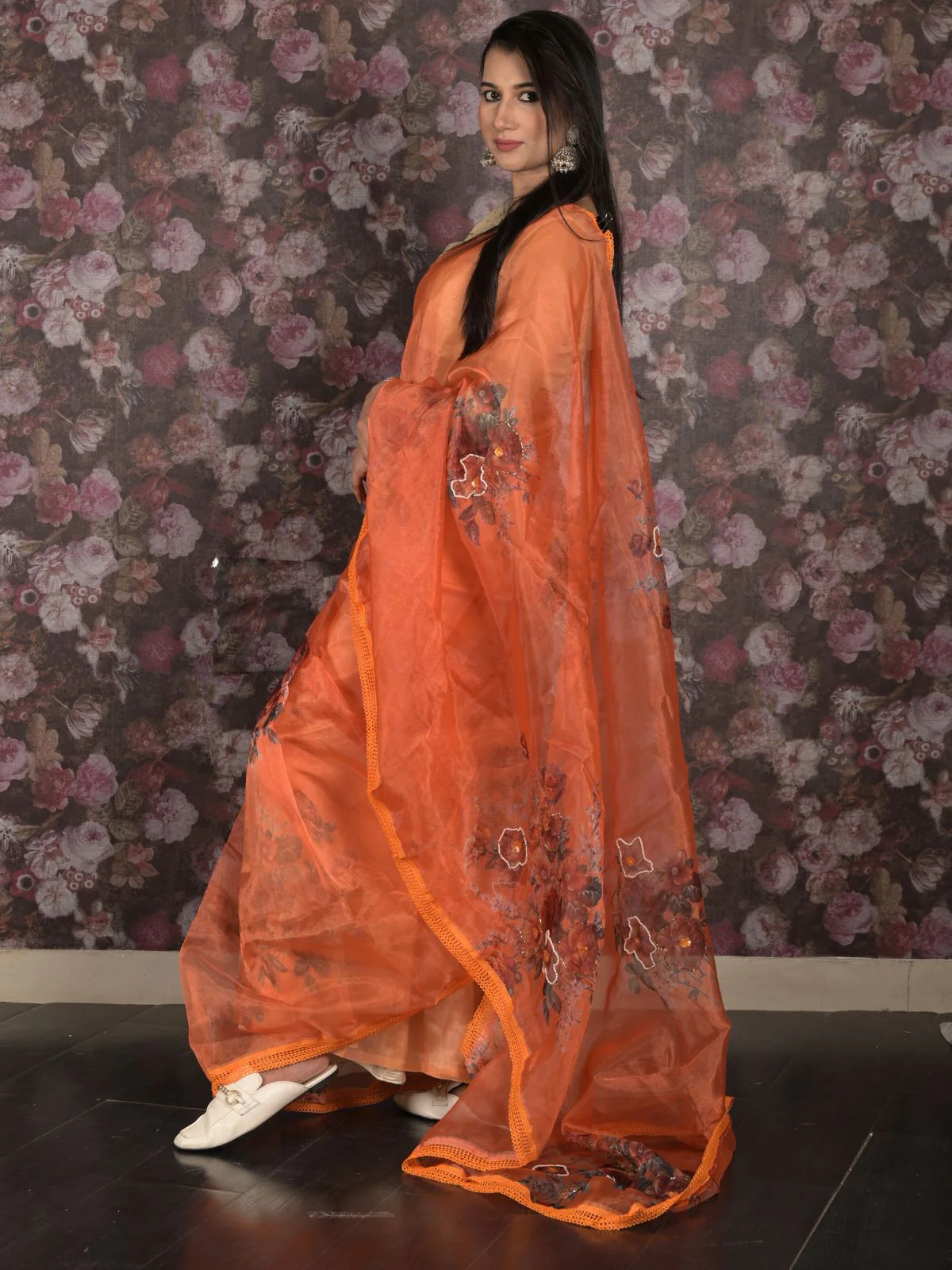 Odette Orange Beads Embroidered Floral Printed Organza Saree for Women - Image 3