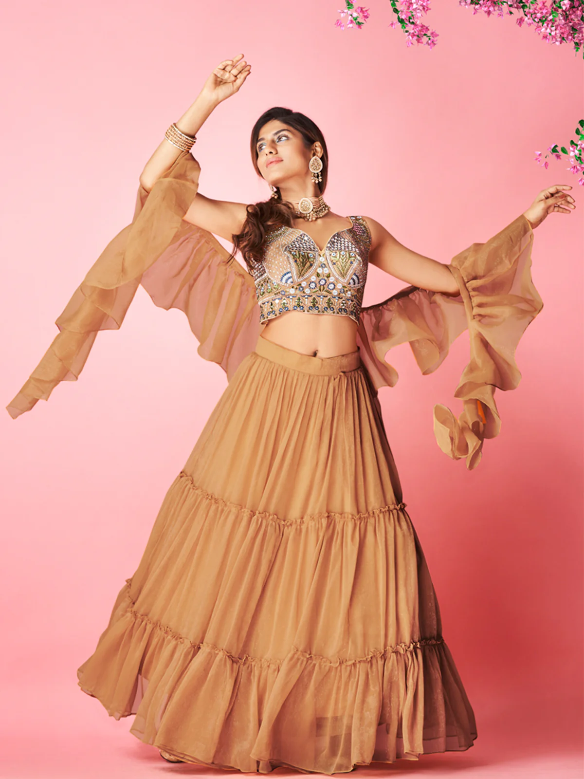 Odette Orange Chiffon Embellished Semi Stitched Lehenga With Unstitched Blouse For Women - Image 2