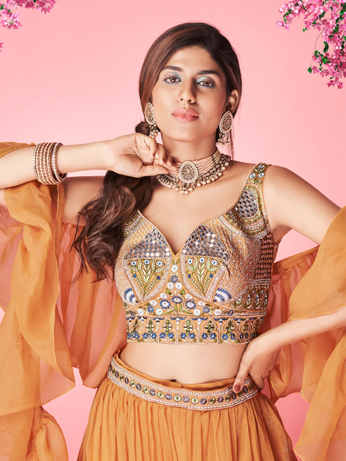 Odette Orange Chiffon Embellished Semi Stitched Lehenga With Unstitched Blouse For Women - Image 4