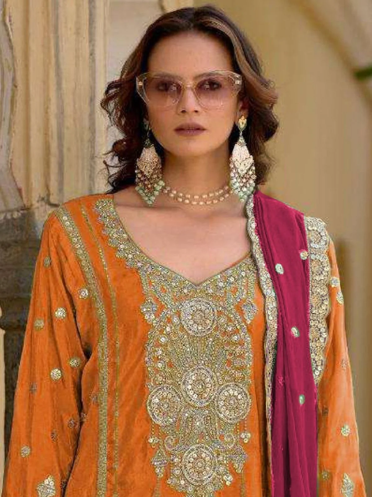 Odette Orange Chinon Embroidered Semi-Sitched Kurta Set For Women - Image 2