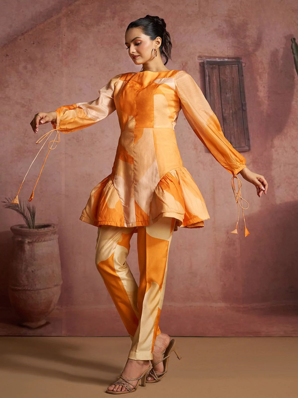 Odette Orange Cotton Blend Printed Co-ord Set For Women - Image 3