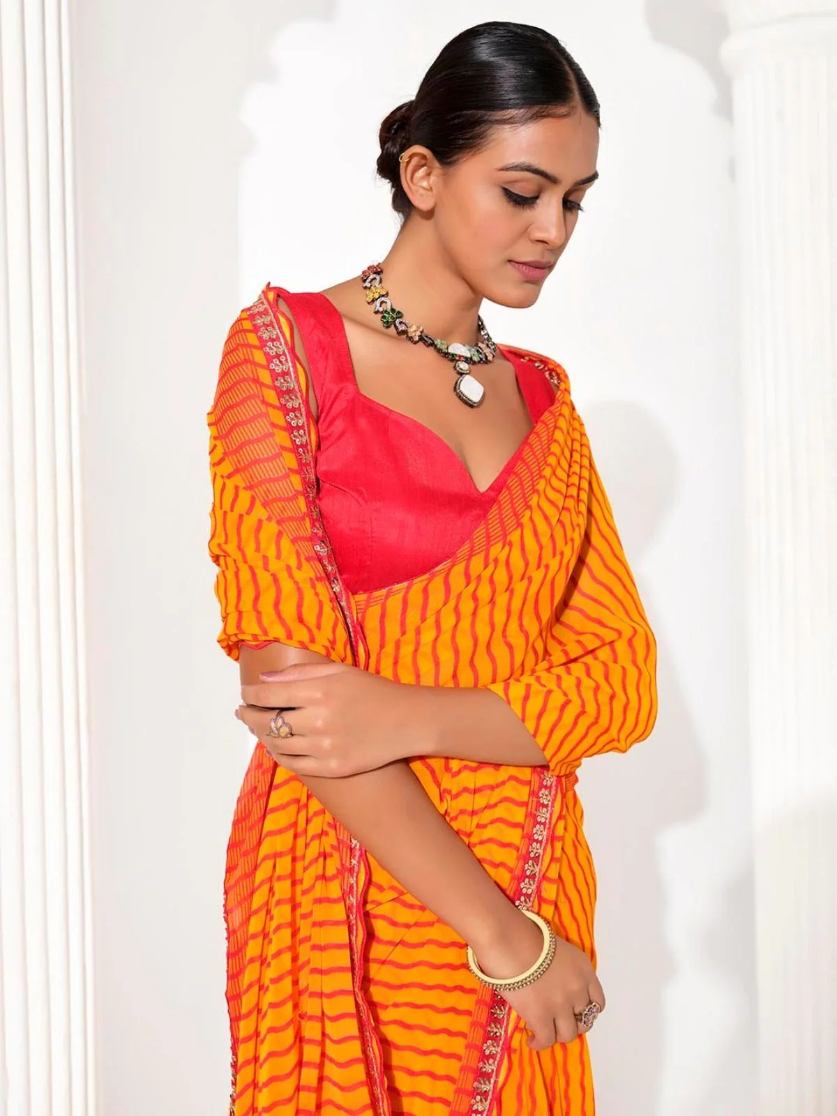 Odette Orange Cotton Linen Embellished Striped Saree For Women - Image 5