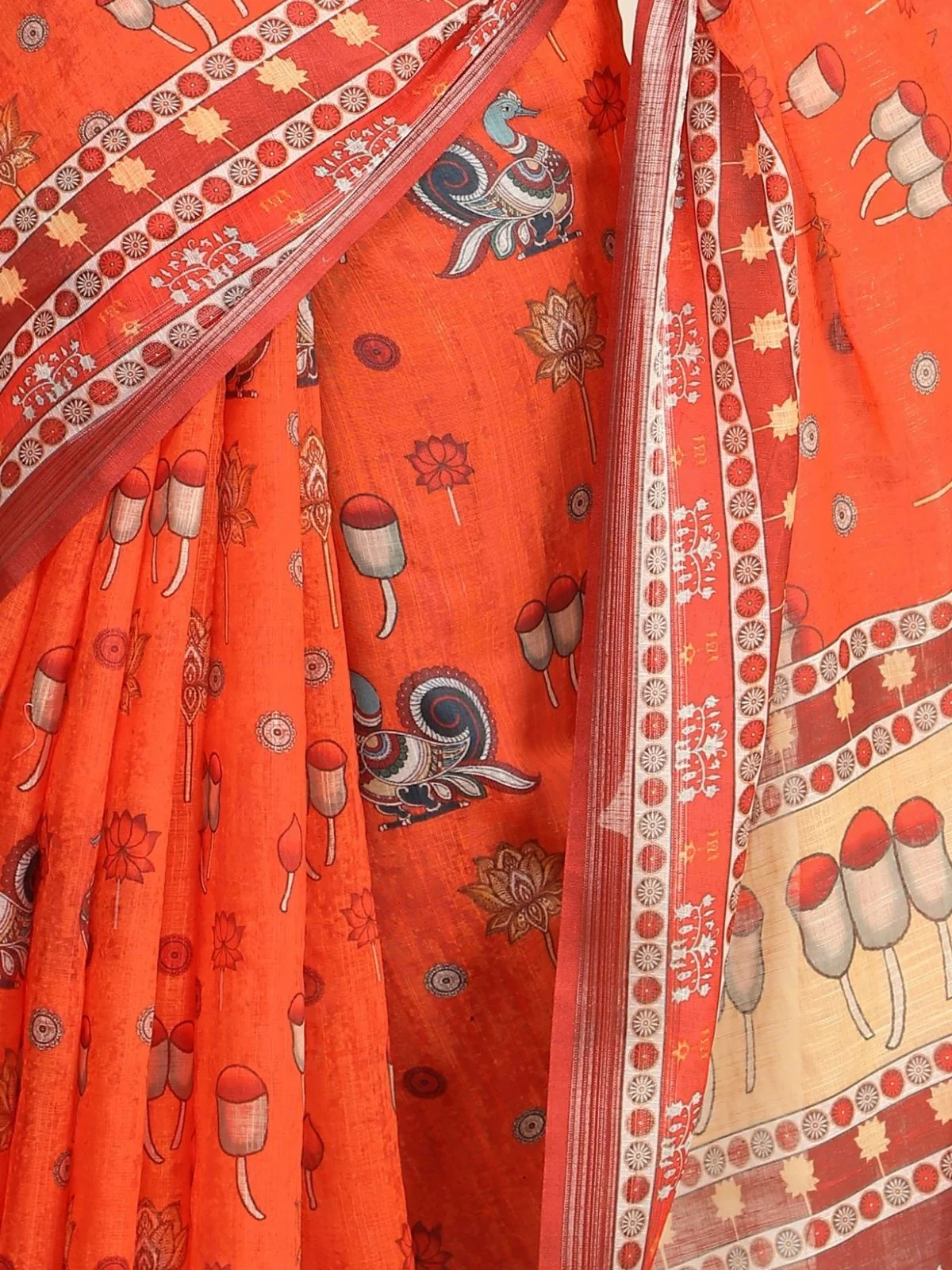 Odette Orange Cotton Linen Solid Printed Saree For Women - Image 4