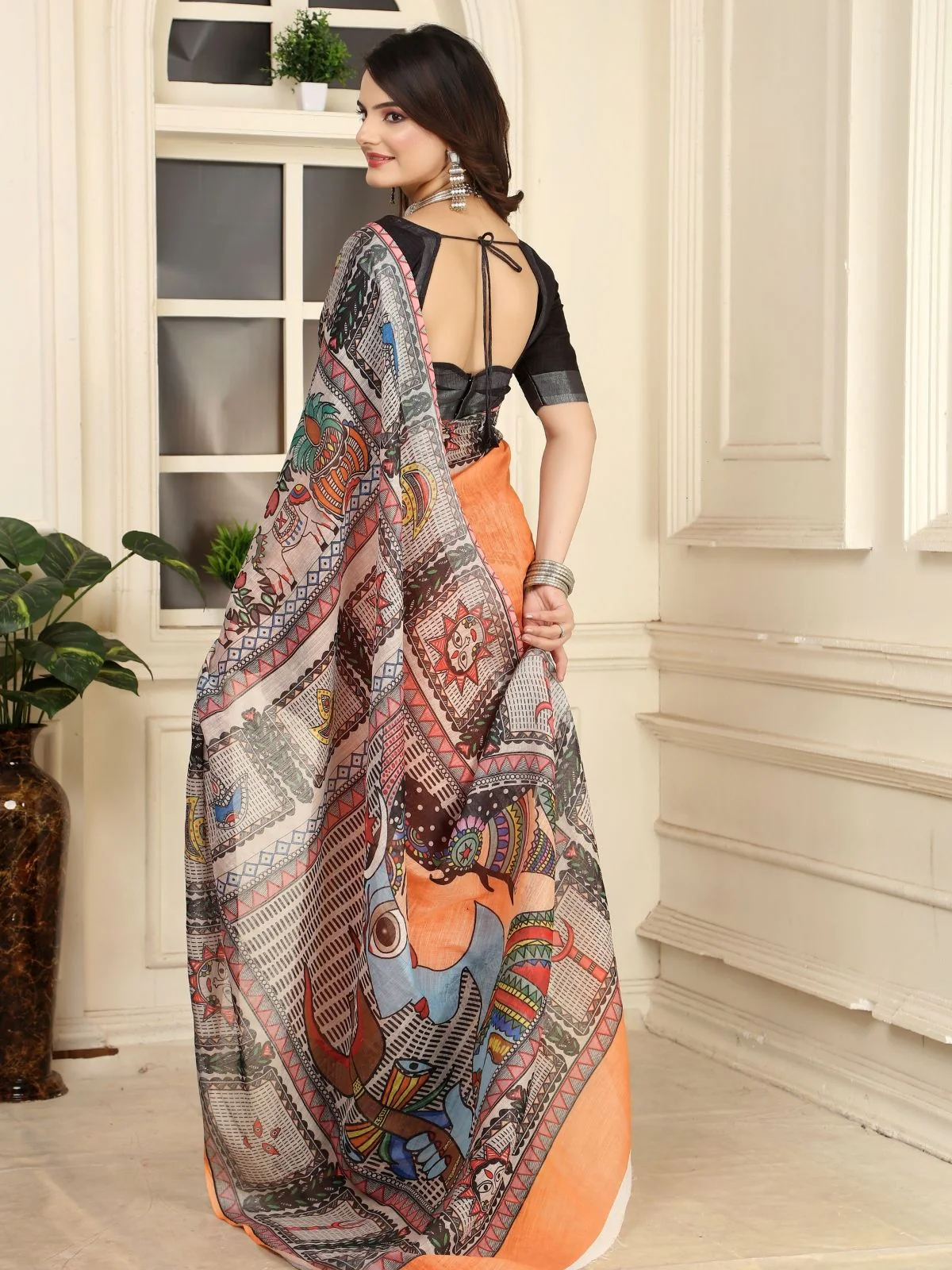 Odette Orange Cotton Linen Solid Printed Saree For Women - Image 3