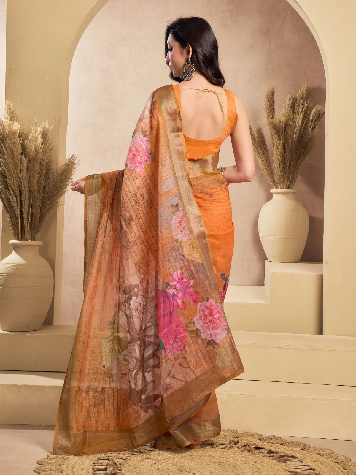 Odette Orange Cotton Linen Zari Work Saree For Women - Image 4