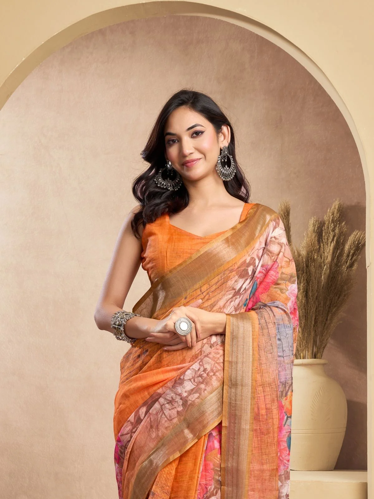 Odette Orange Cotton Linen Zari Work Saree For Women - Image 5