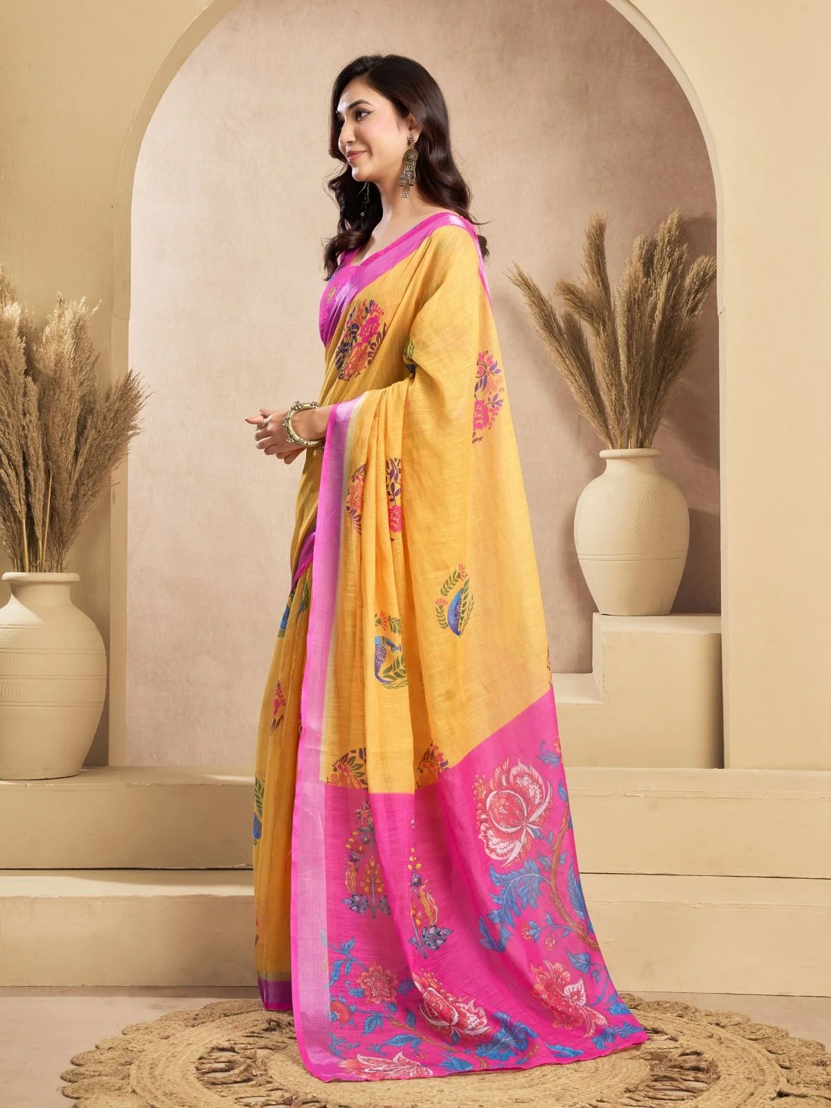 Odette Orange Cotton Linen Zari Work Saree For Women - Image 2