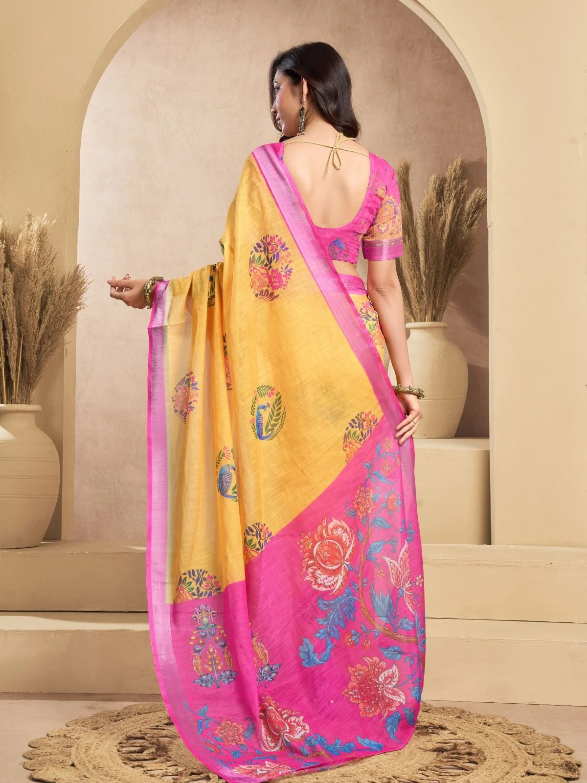 Odette Orange Cotton Linen Zari Work Saree For Women - Image 4