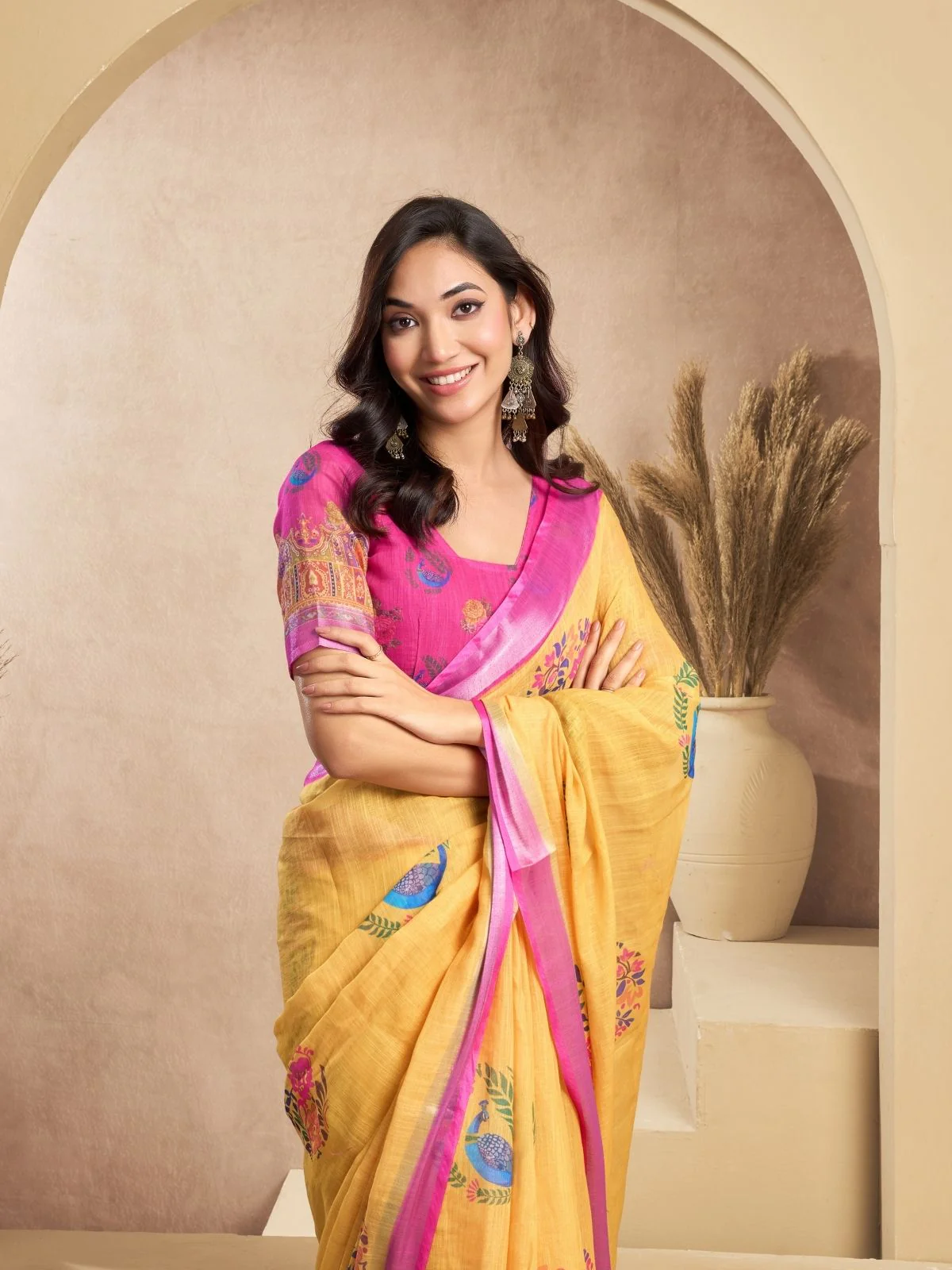 Odette Orange Cotton Linen Zari Work Saree For Women - Image 5