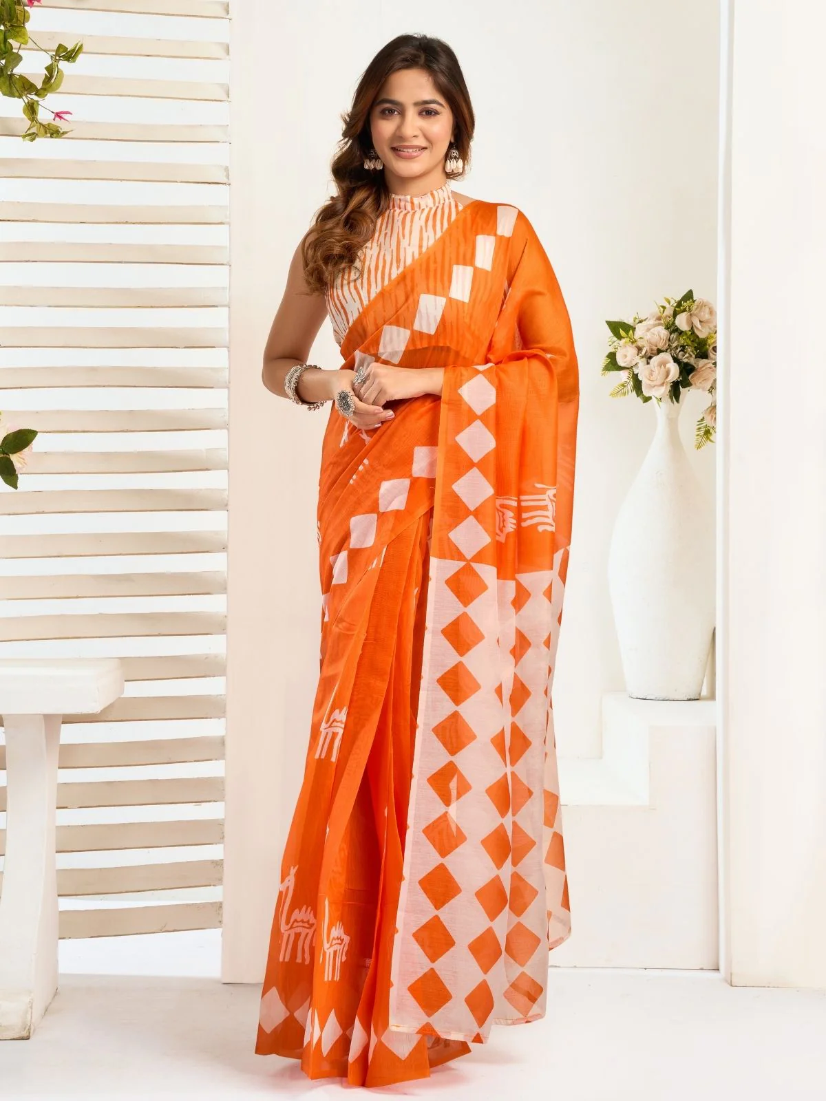 Odette Orange Cotton Linen Zari Work Saree For Women