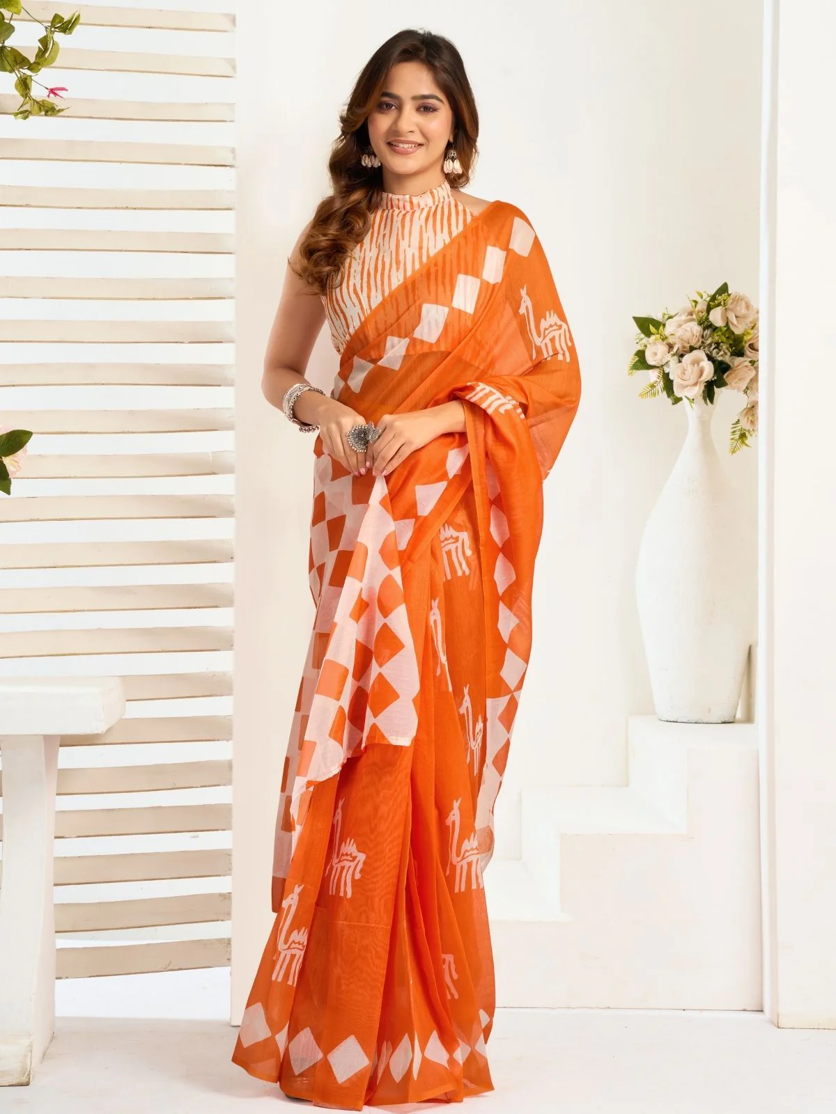 Odette Orange Cotton Linen Zari Work Saree For Women - Image 3
