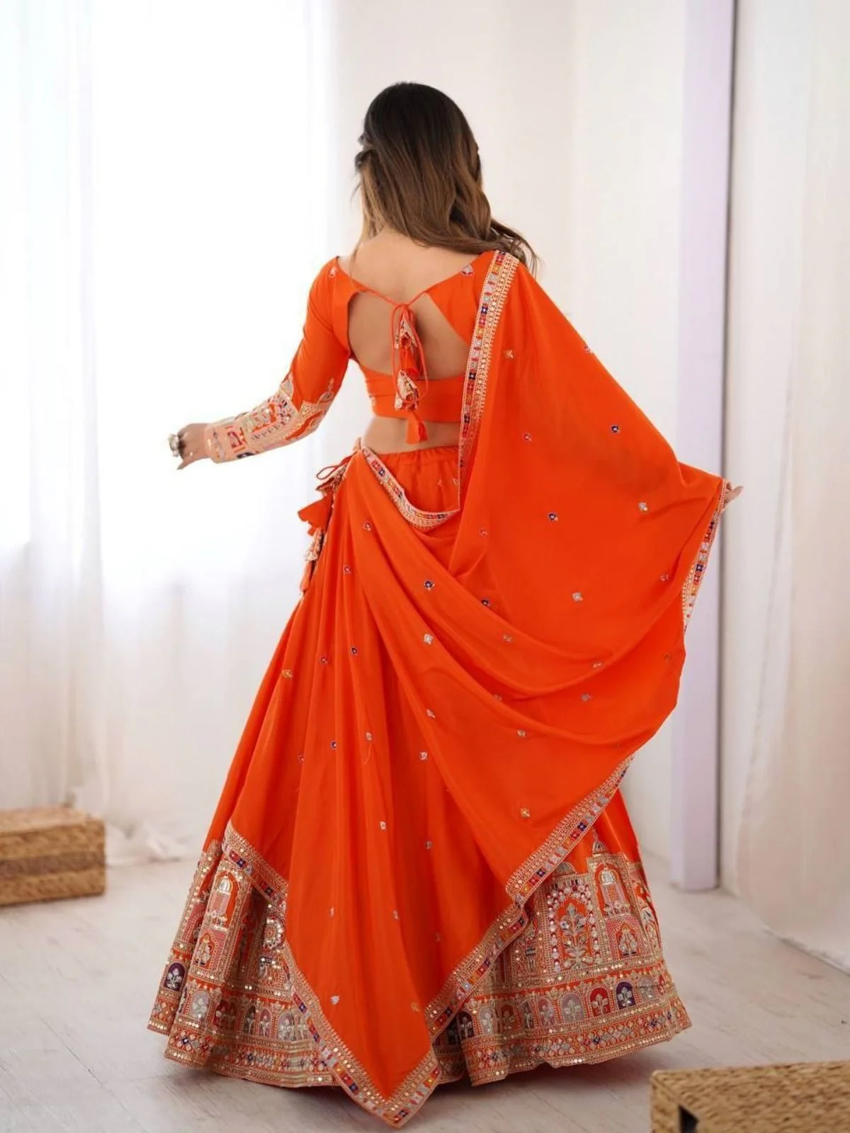 Odette Orange Crepe Embellished Semi Stitched Lehenga For Women - Image 3