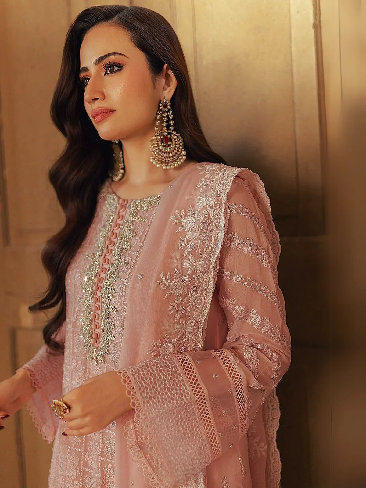 Odette Peach Embroidered Georgette Semi-Stitched Kurta Set For Women - Image 2