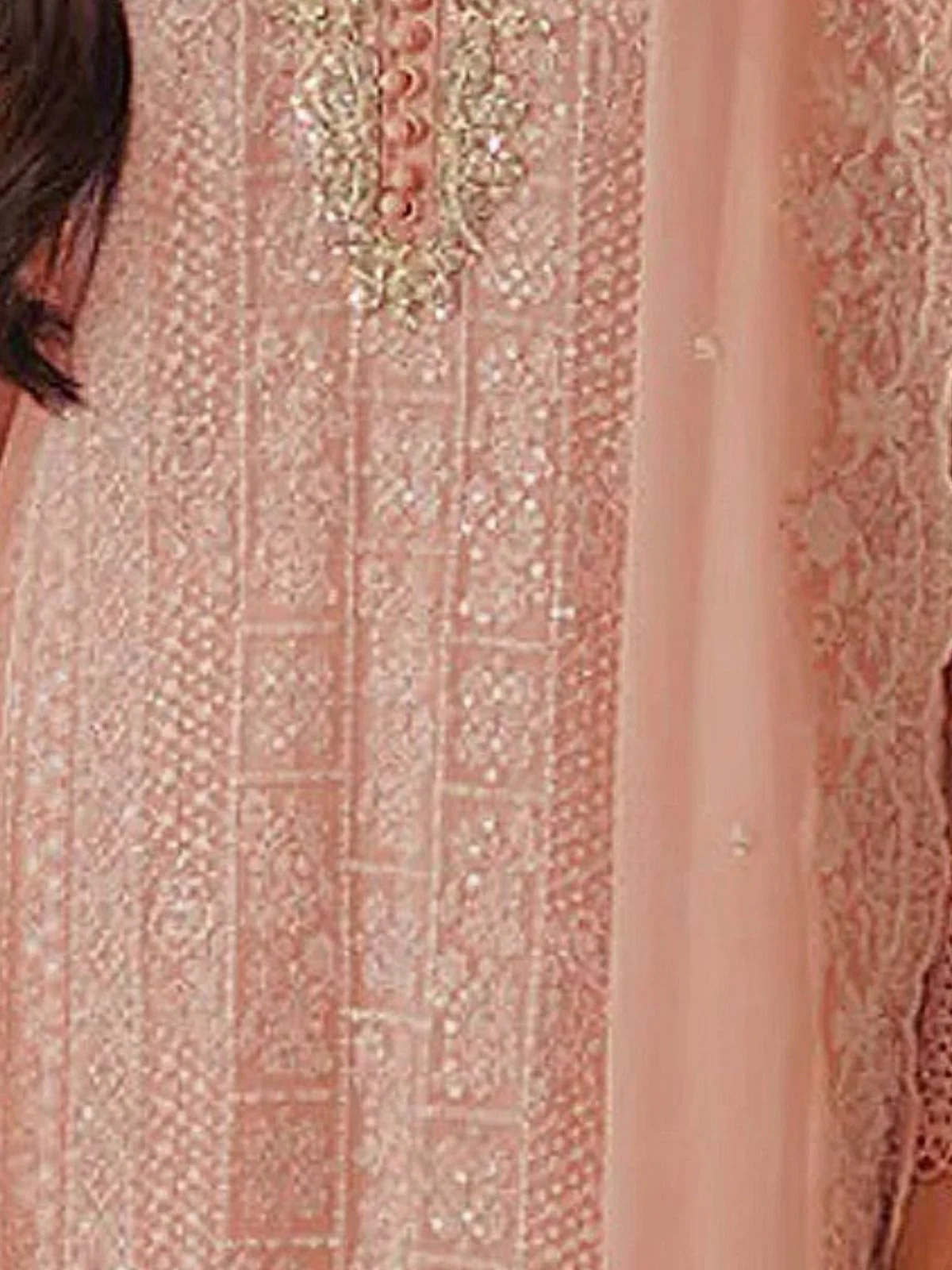 Odette Peach Embroidered Georgette Semi-Stitched Kurta Set For Women - Image 3